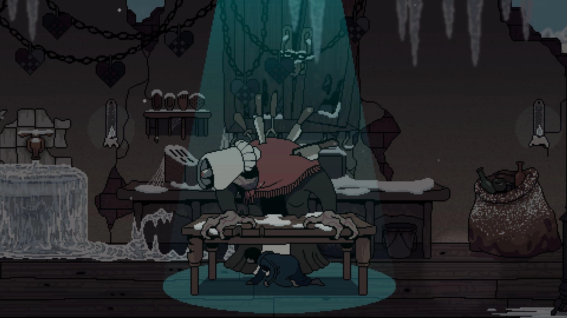 Unsound Love: Masked figure slumps over a table in a dim cabin room with tools and hanging hearts.