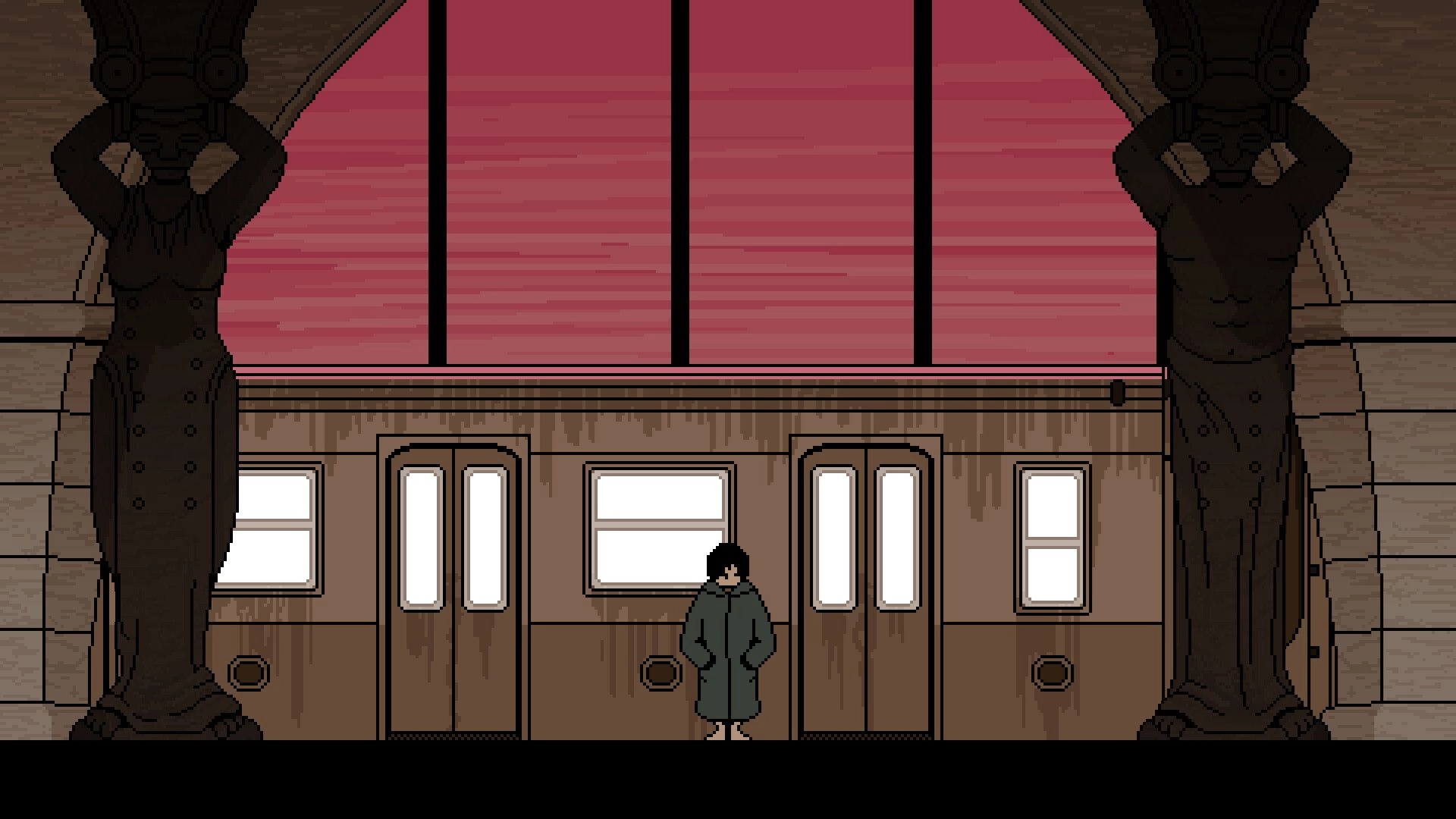 Unsound Love: Lone character in coat stands by train doors beneath towering statues in station hall.
