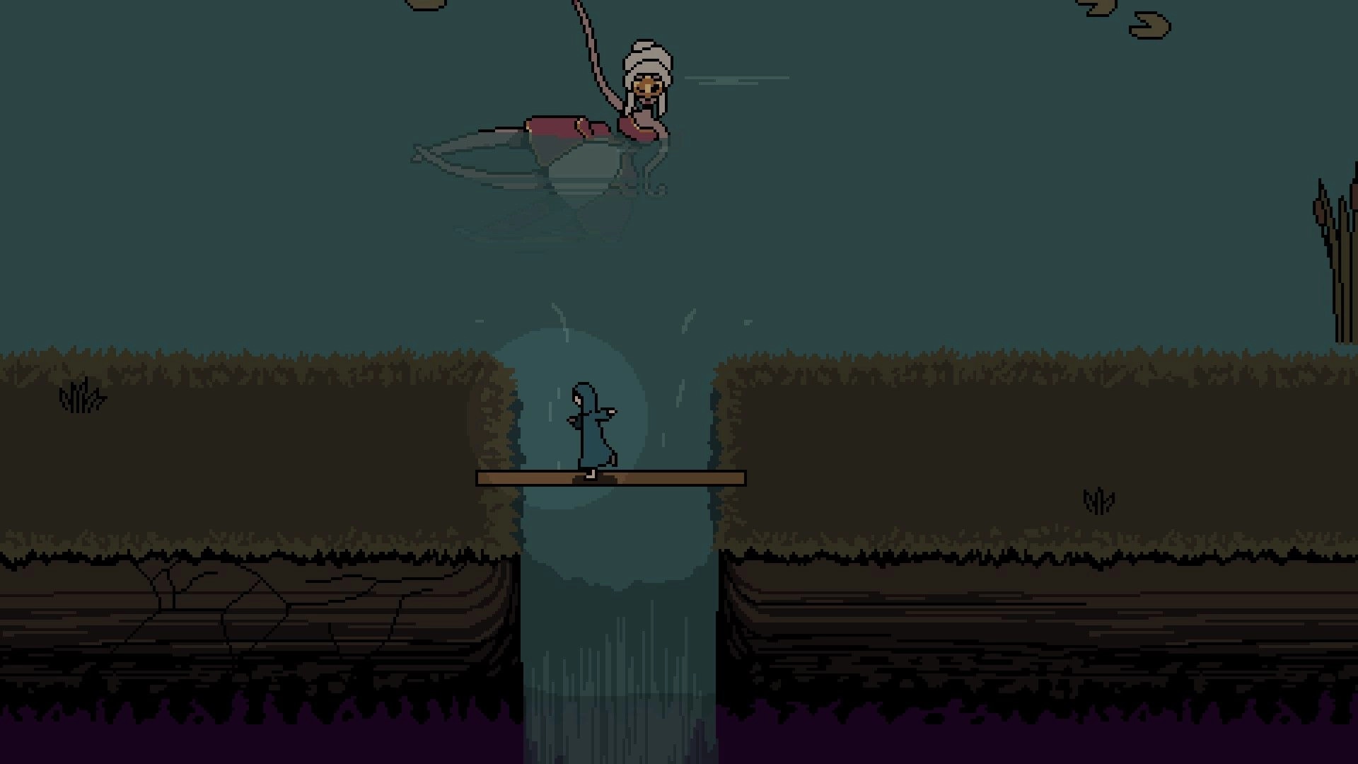 Unsound Love: Hooded figure crosses a narrow plank over a waterfall beneath a trapped woman in water.