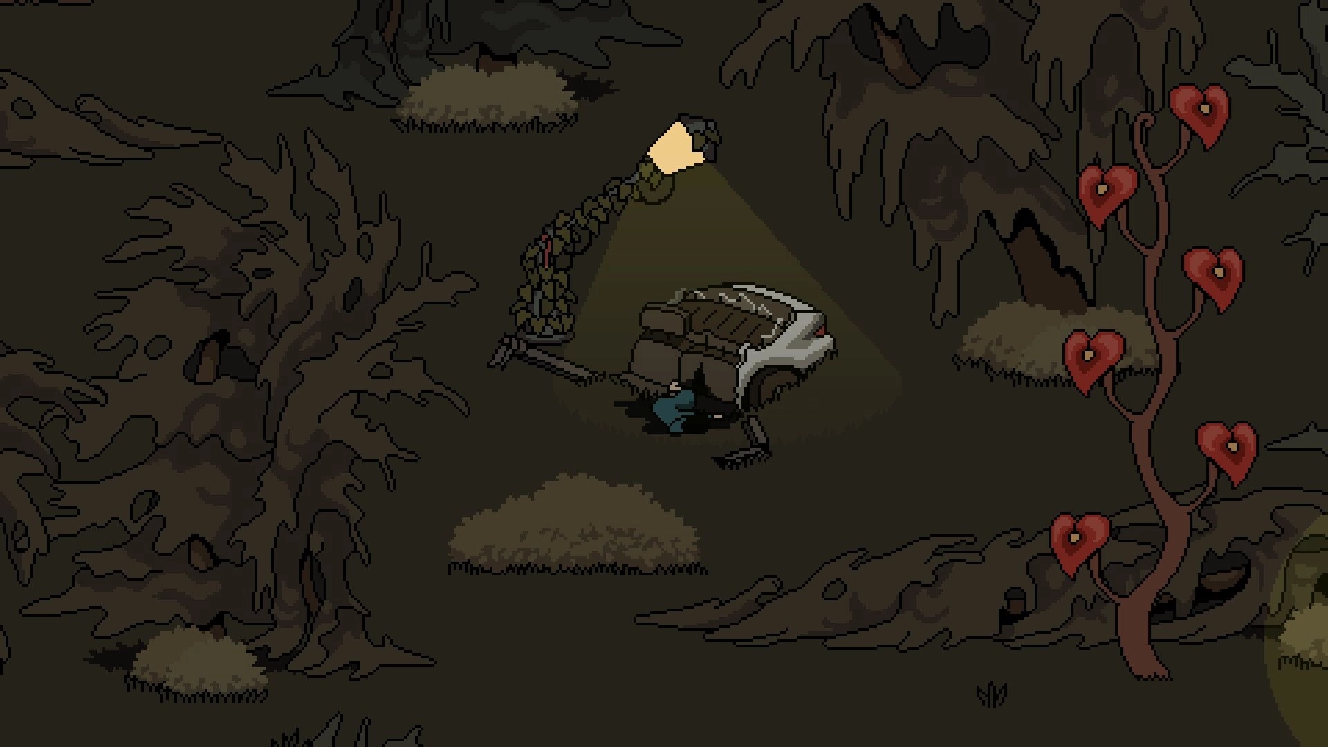 Unsound Love: Flashlight beam over a wrecked car and body in dark forest with heart trees nearby.