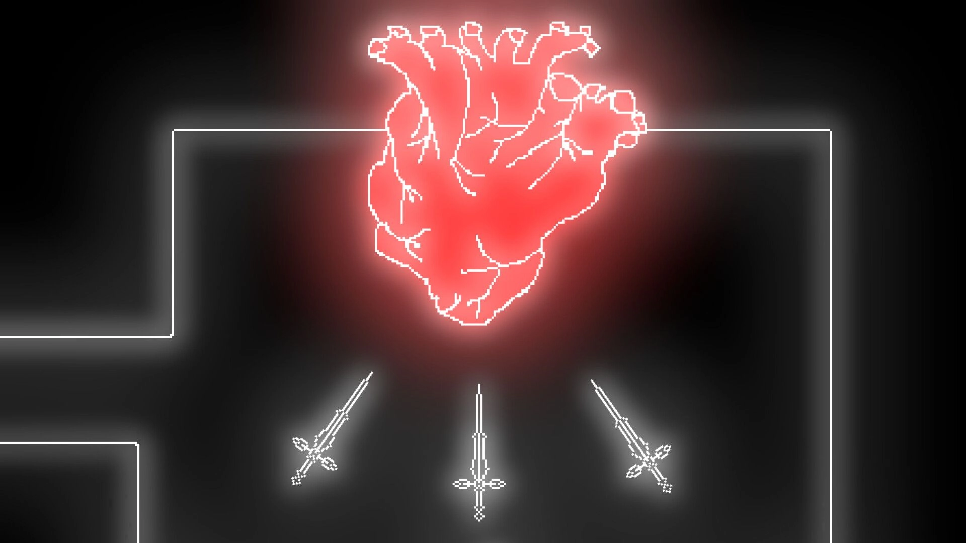 Unspoken: Glowing red heart above three swords in a dark, minimalist environment