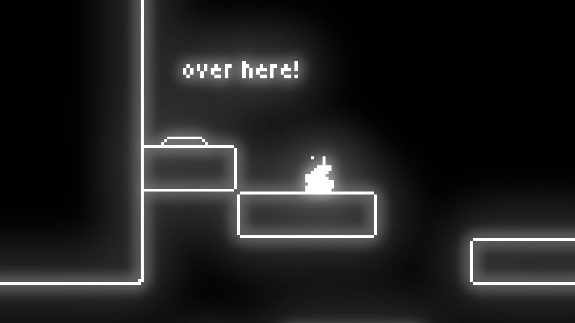 Unspoken: Whisp on glowing platform with "over here!" text in dark, minimalist puzzle environment