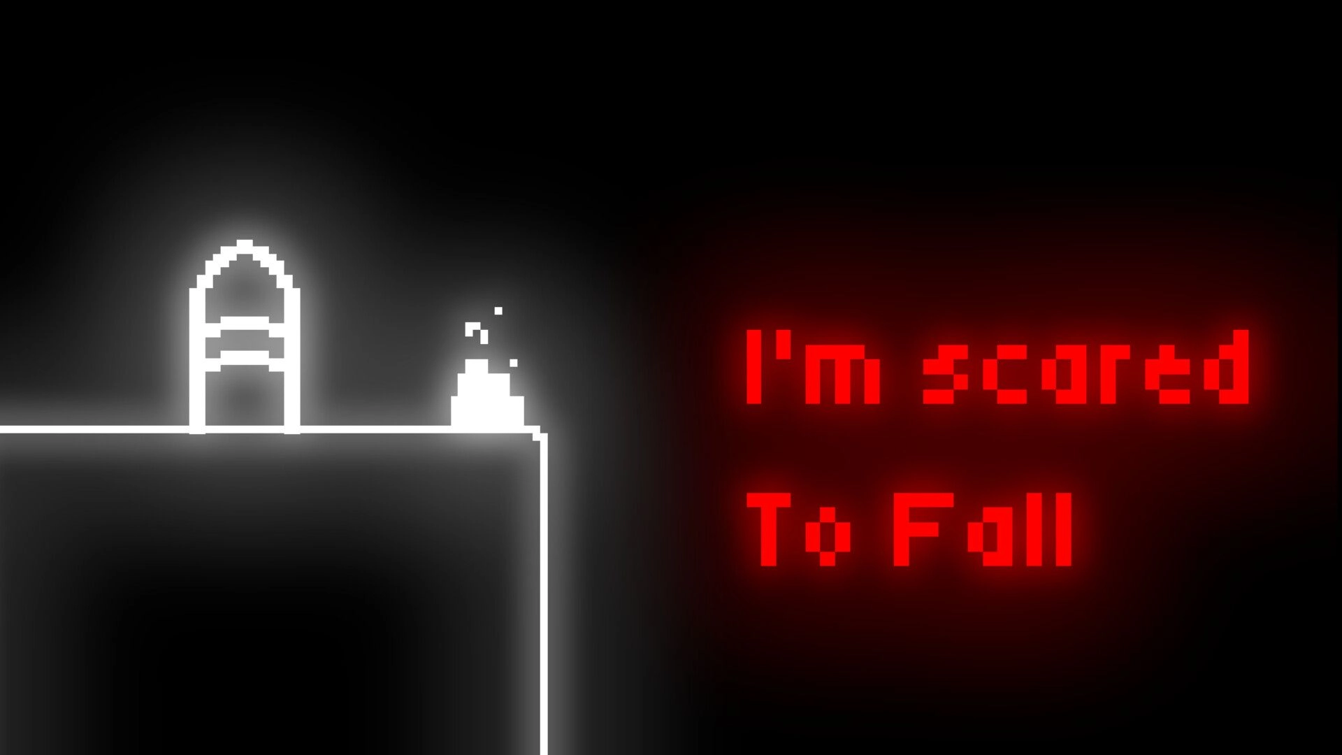 Unspoken: Whisp near glowing archway, text "I'm scared to fall" in dark, minimalistic environment