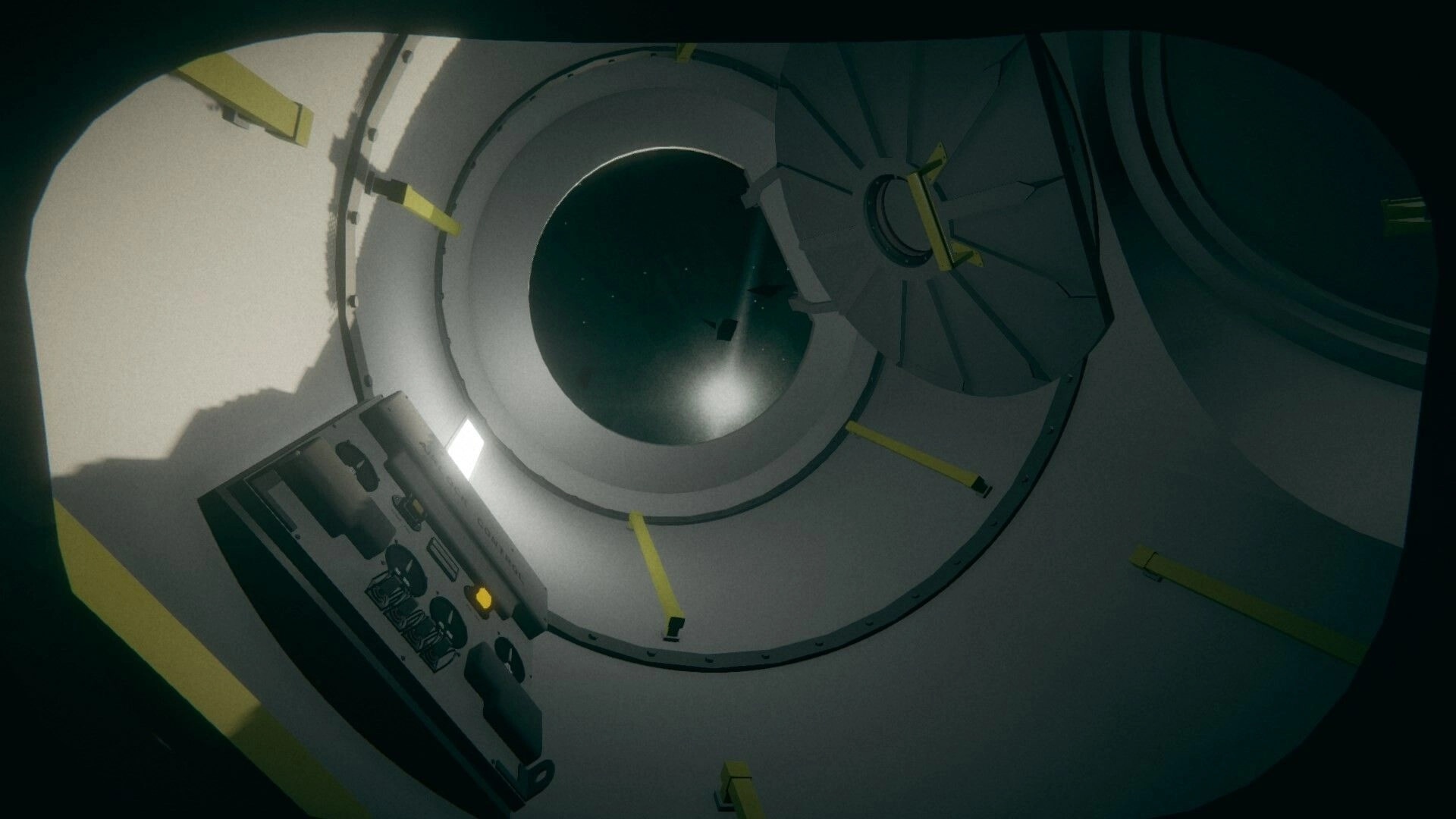 Untethered: Interior space station airlock with open hatch and control panel in zero-gravity environment