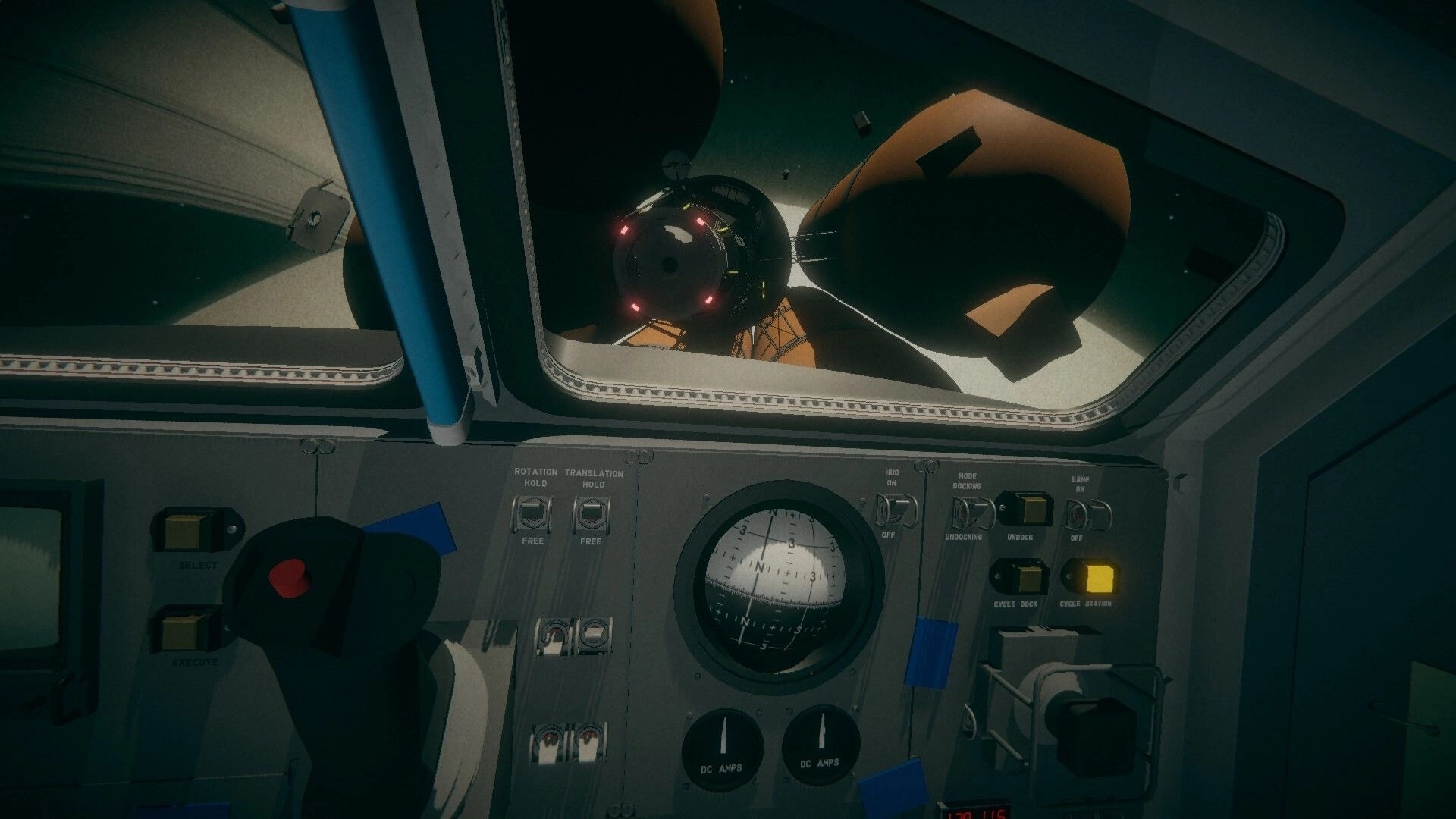 Untethered: Cockpit view of approaching space station with control panel and navigation instruments visible.
