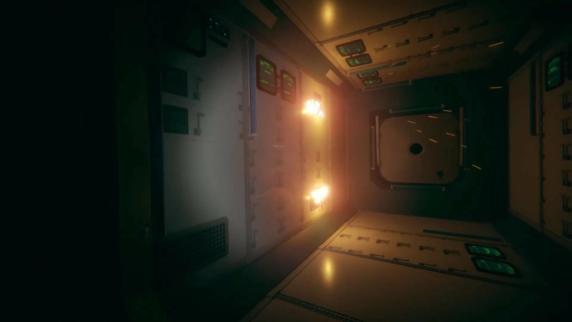 Untethered: Fire and sparks erupt in a dimly lit space station corridor with control panels on the walls.