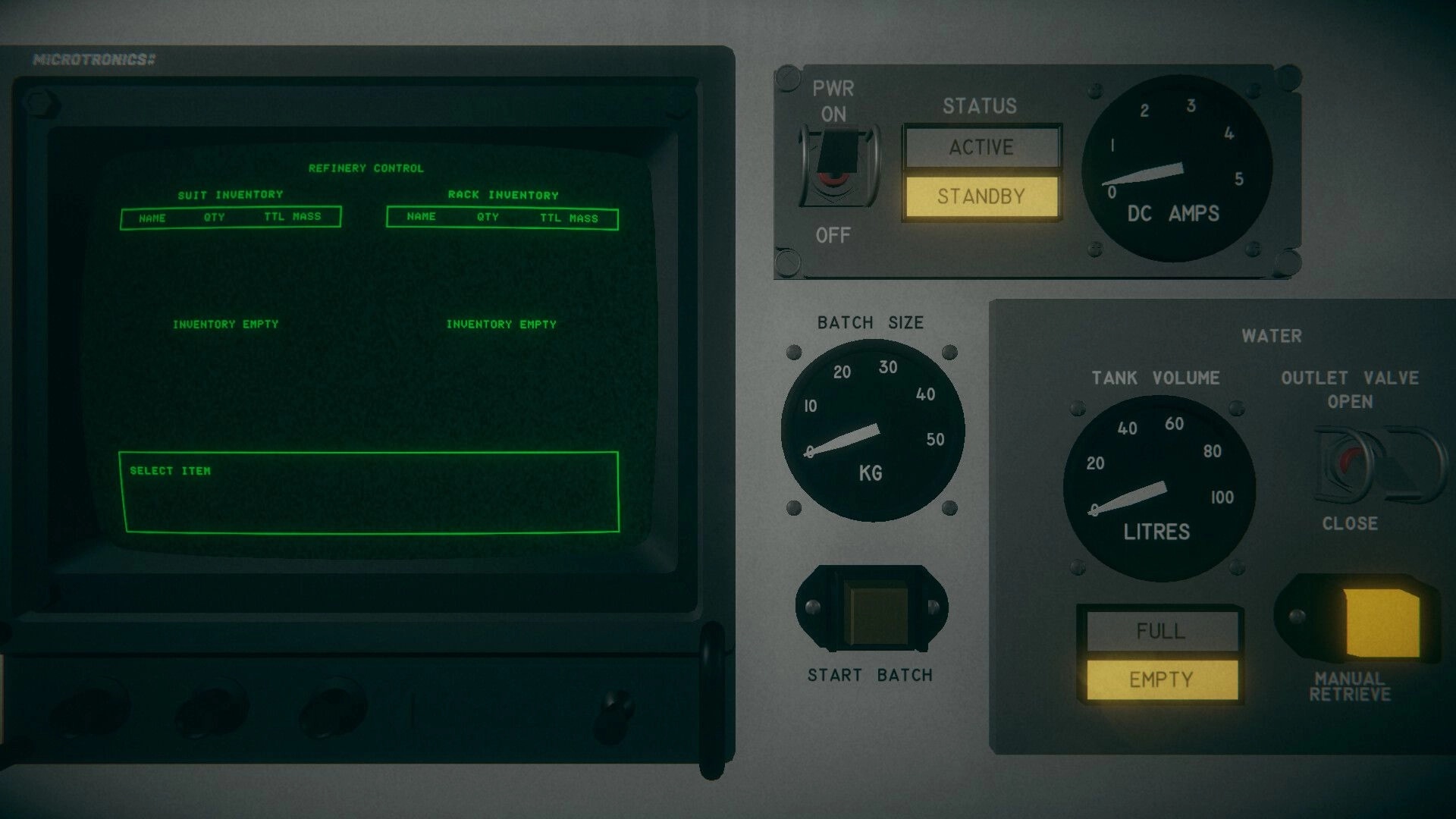 Untethered: Refinery control panel interface with empty suit and rack inventories in space station module.