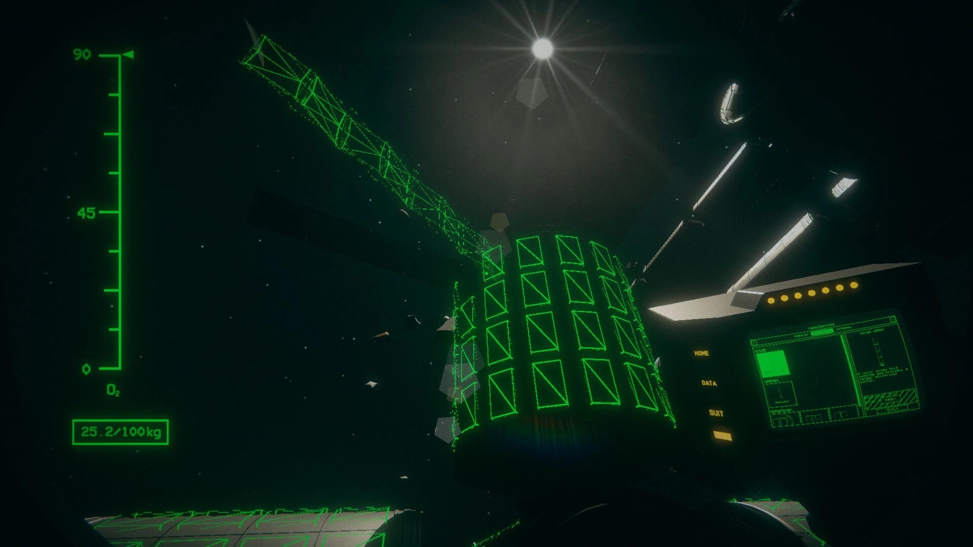 Untethered: Navigating space station hologram with HUD displaying oxygen level and weight in deep space