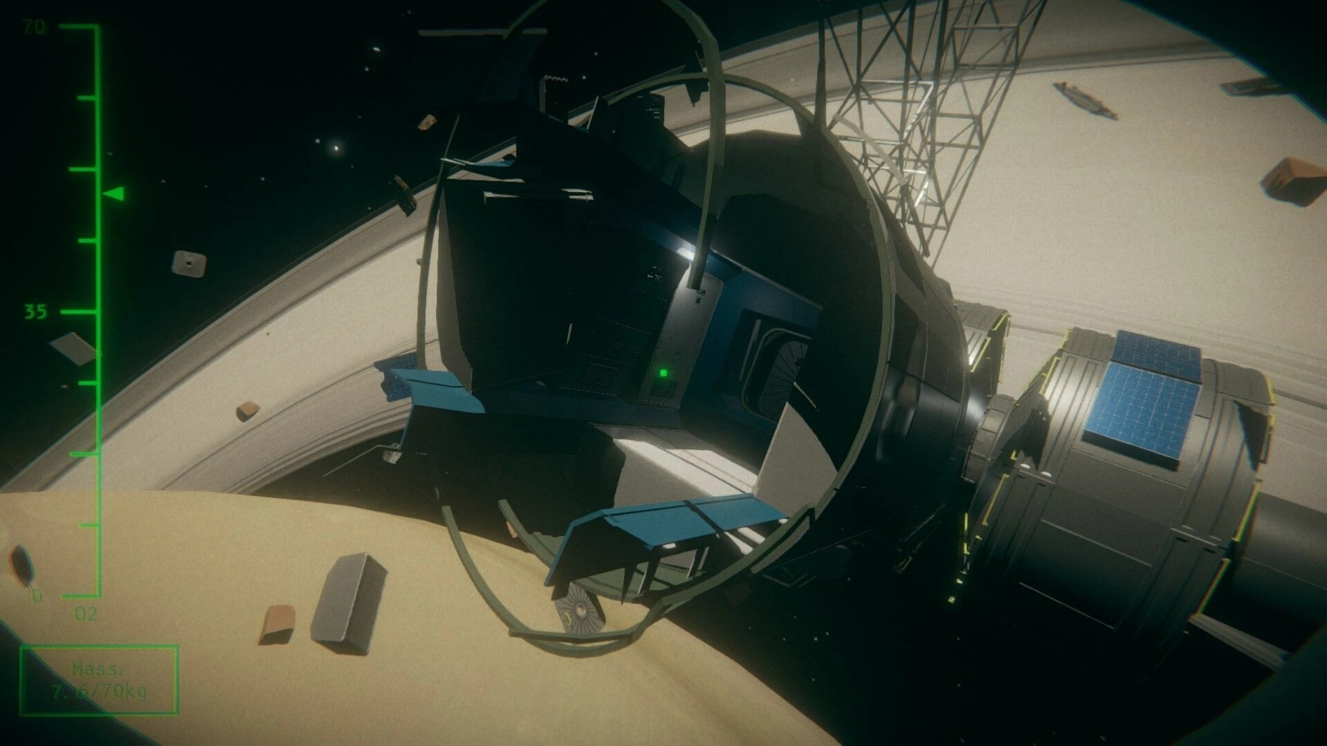 Untethered: Spacecraft cockpit with HUD elements in orbit around a planet with visible debris floating