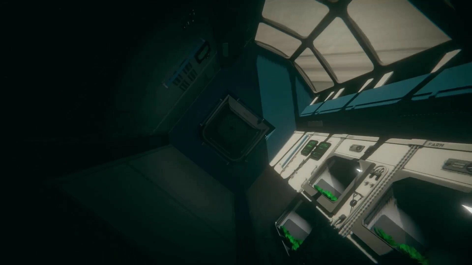 Untethered: Interior view of space station with plant growth chambers and control panels in dim lighting