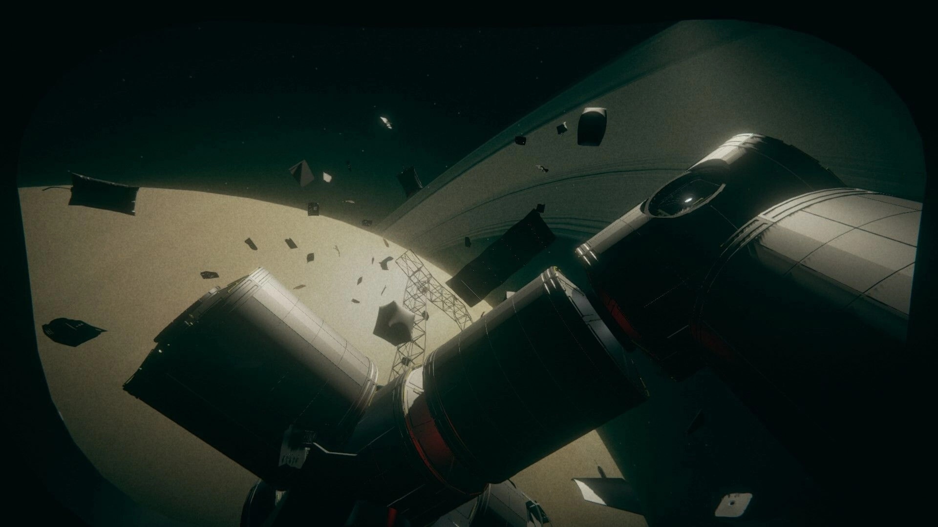 Untethered: Space station debris floating near a planet's rings in a zero-gravity environment