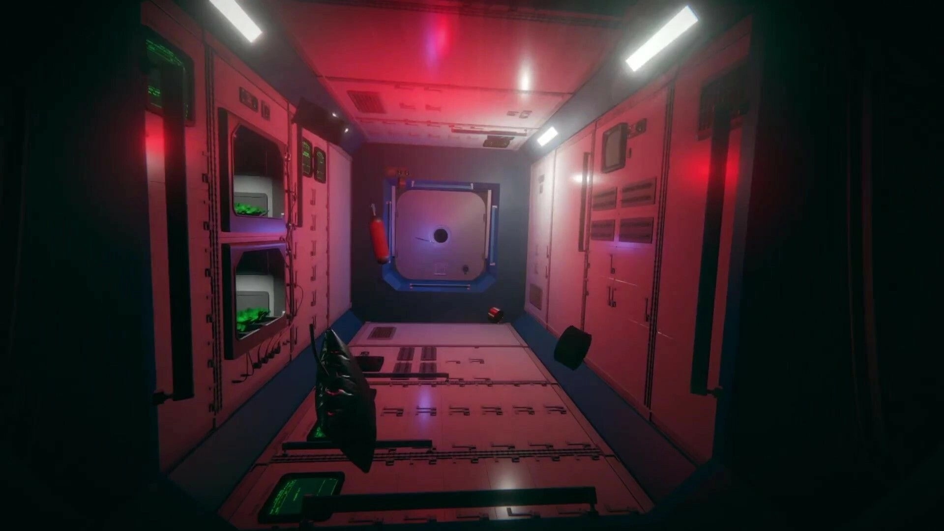 Untethered: Floating debris in a dimly lit space station corridor with red emergency lighting