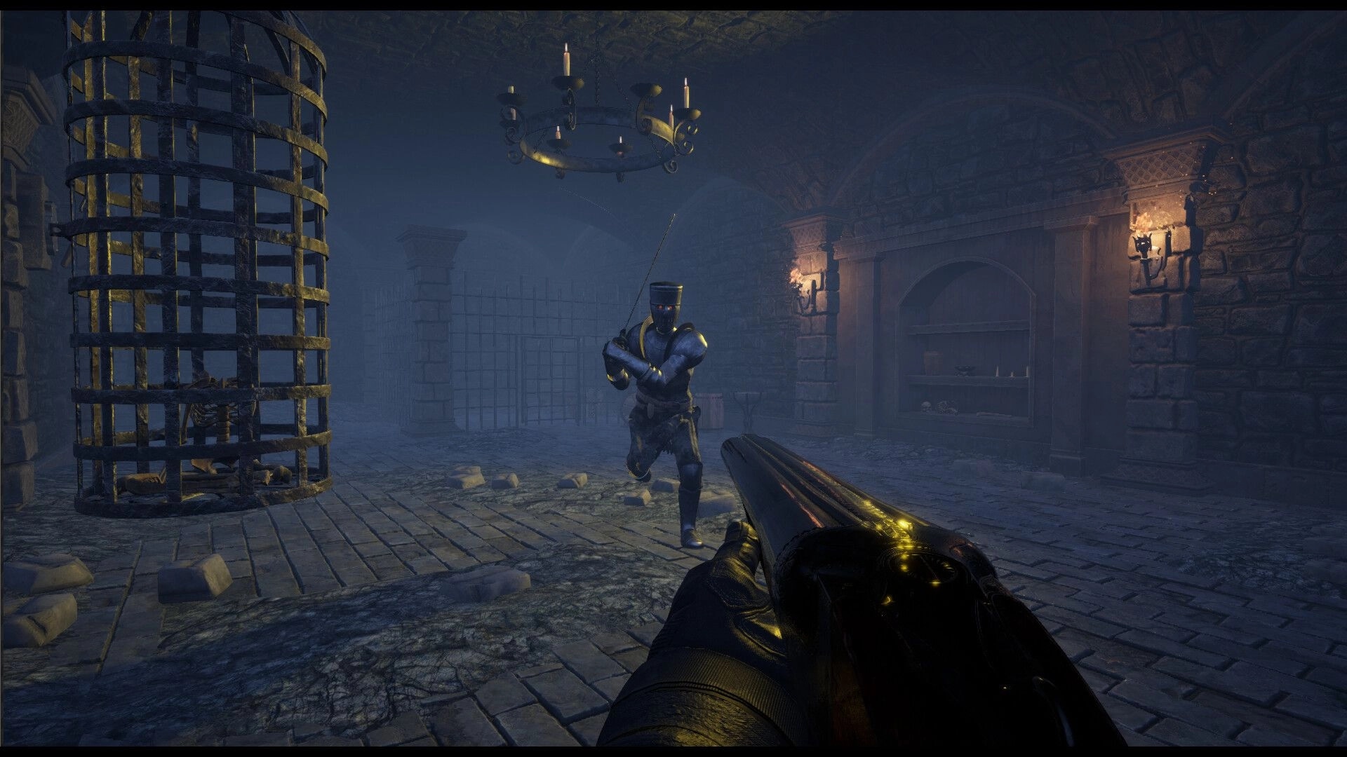 Untold Winter: Player aiming shotgun at armored enemy in dimly lit dungeon with cages and stone walls