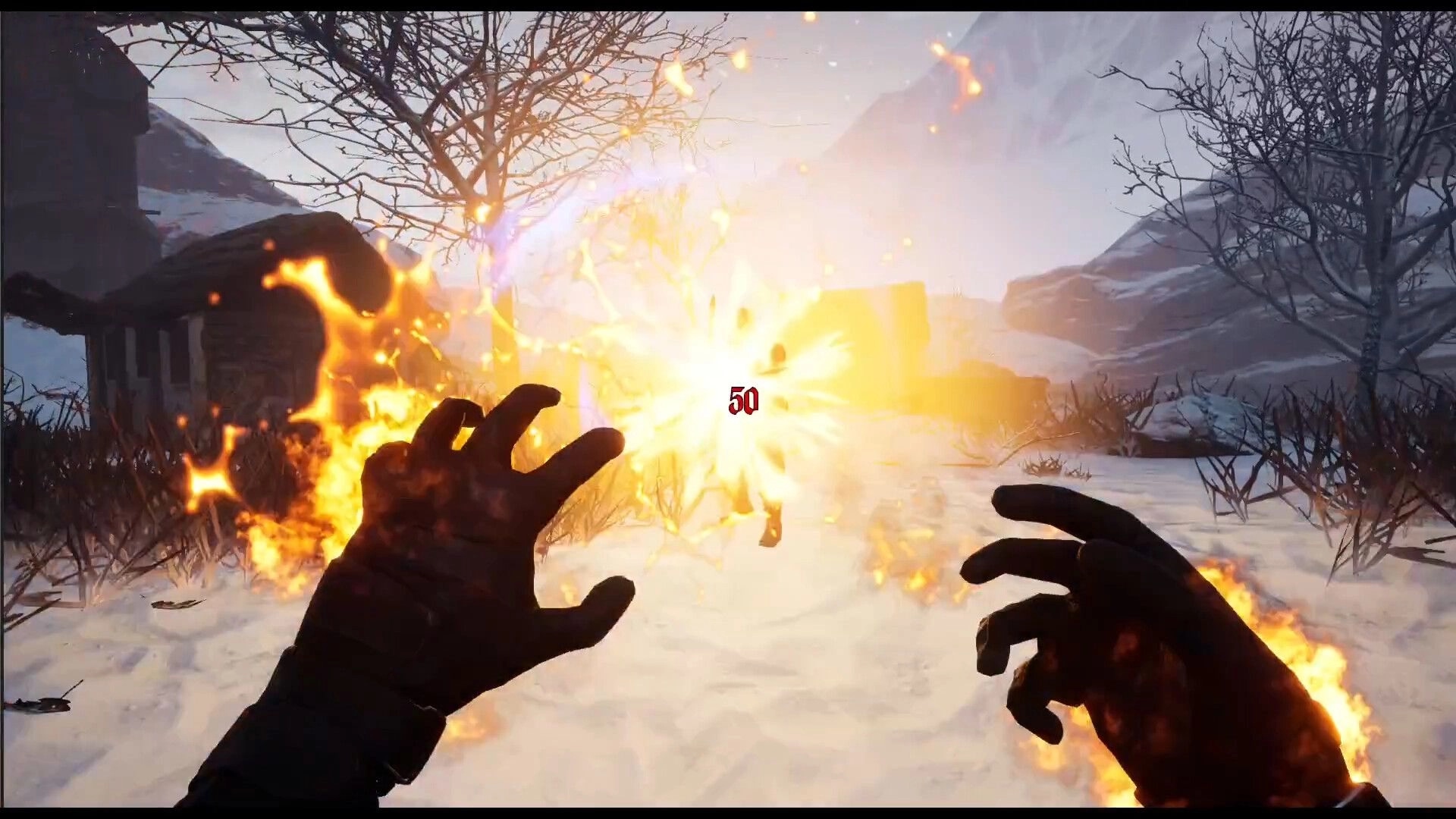 Untold Winter: Casting fire spell in snowy village with glowing hands and damage number "50" displayed