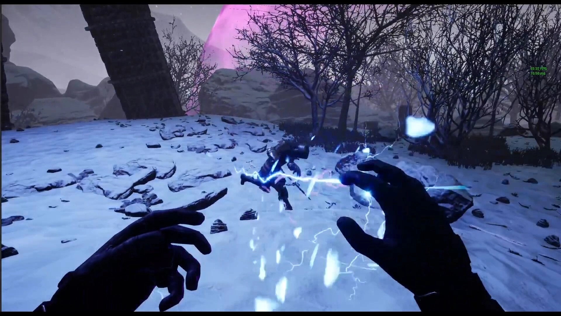 Untold Winter: Casting lightning spell at armored enemy in snowy forest clearing, purple sky overhead