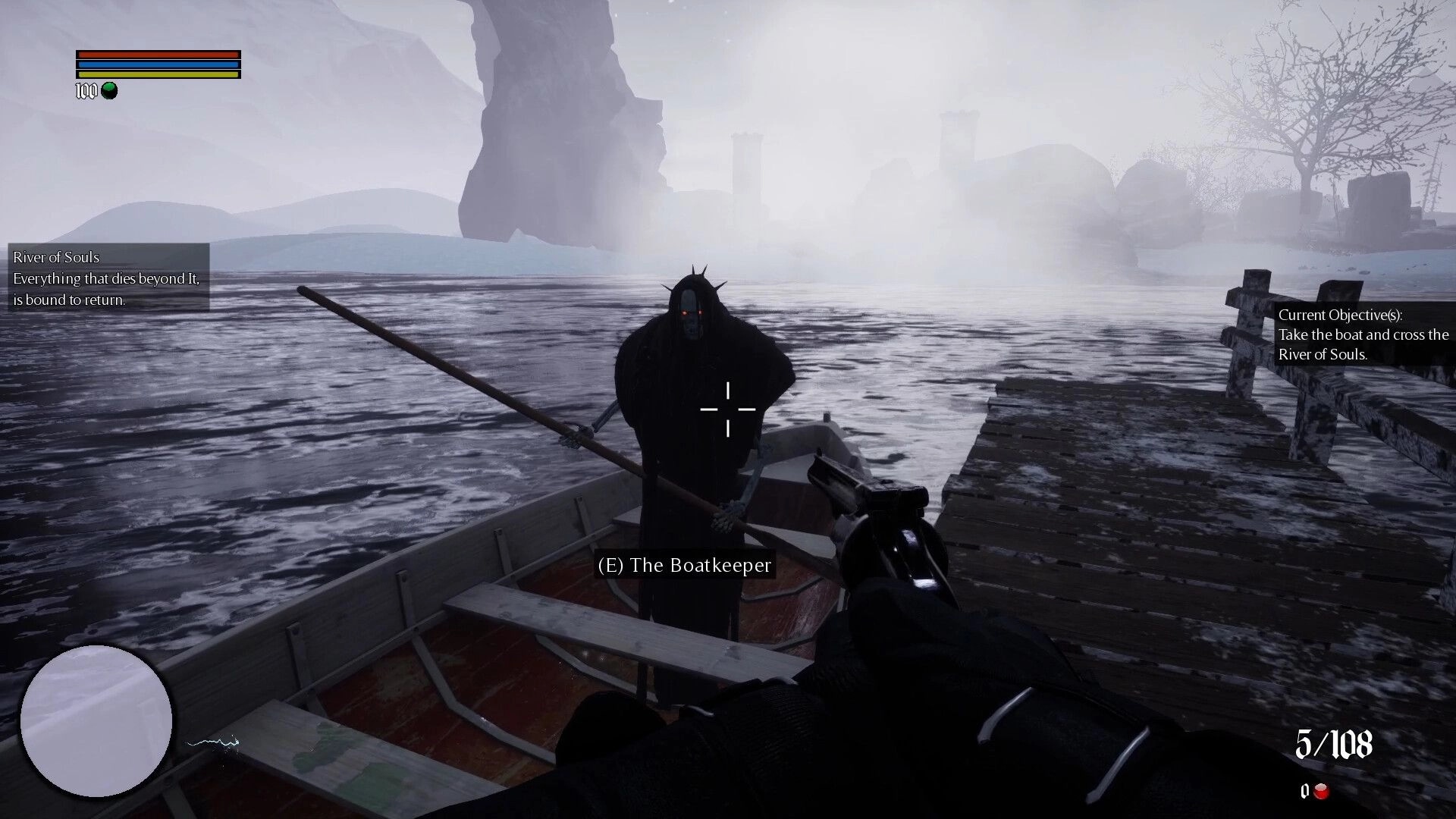 Untold Winter: Player aims at the Boatkeeper on a misty river with objectives and health bar visible