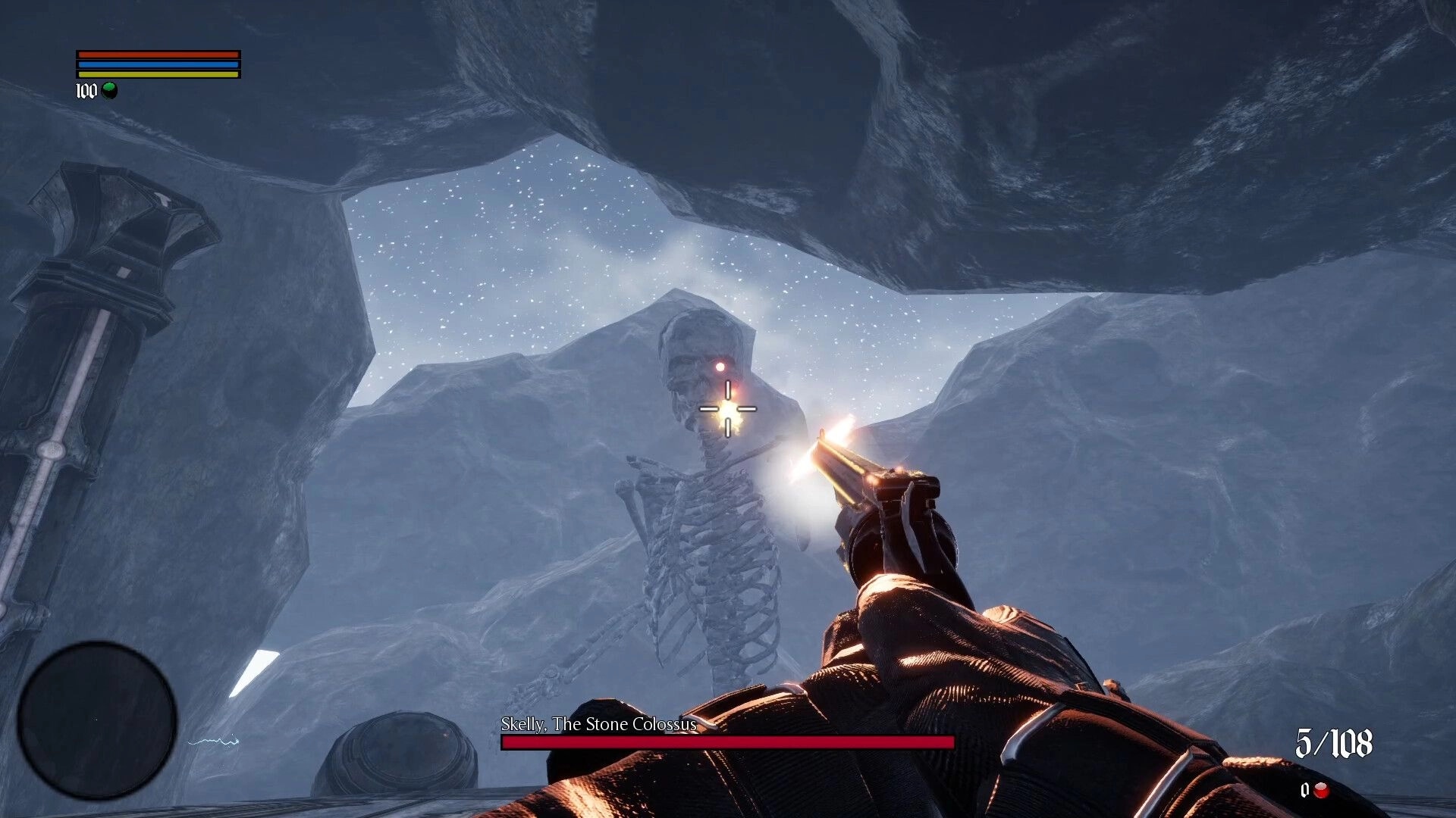 Untold Winter: Player aiming pistol at Skelly, The Stone Colossus in snowy cave environment