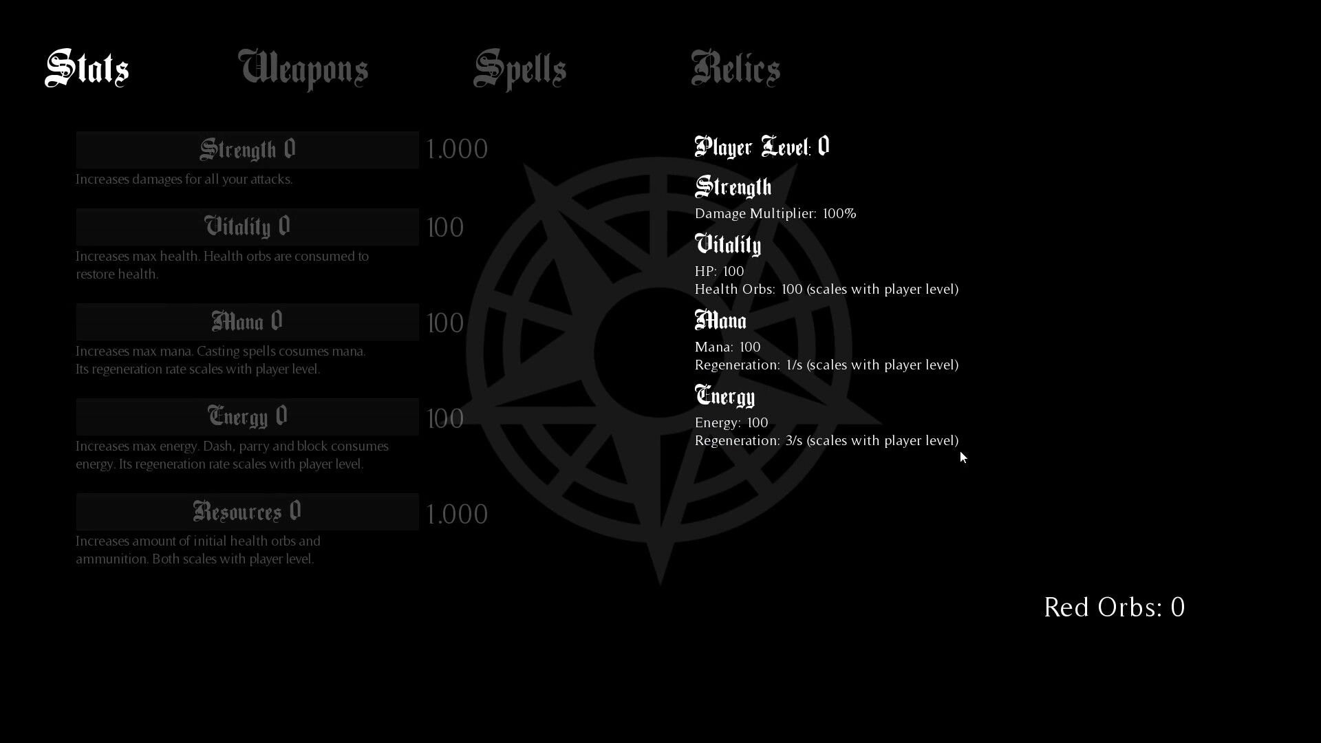 Untold Winter: Character stats menu showing strength, vitality, mana, and energy levels on dark screen