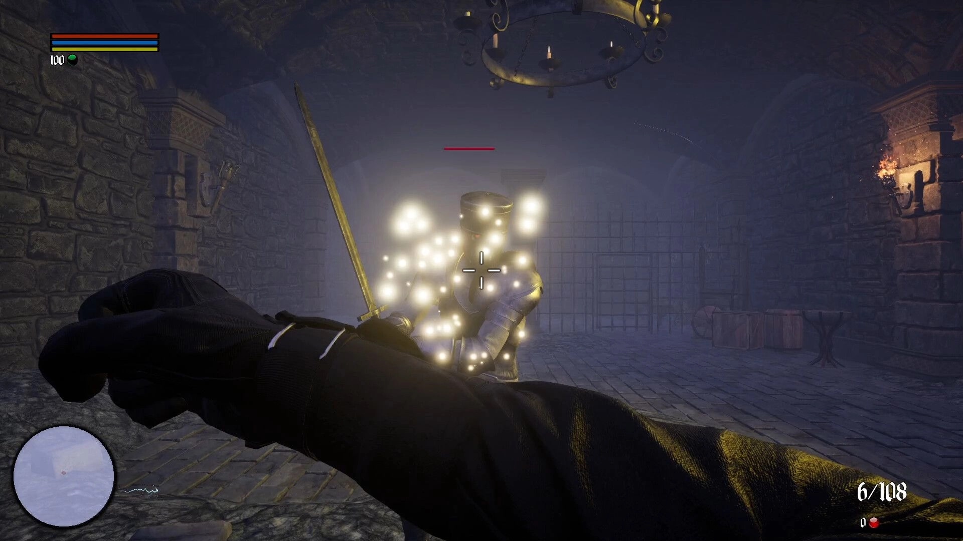 Untold Winter: Player blocks glowing armored enemy in dark stone dungeon with health bar visible