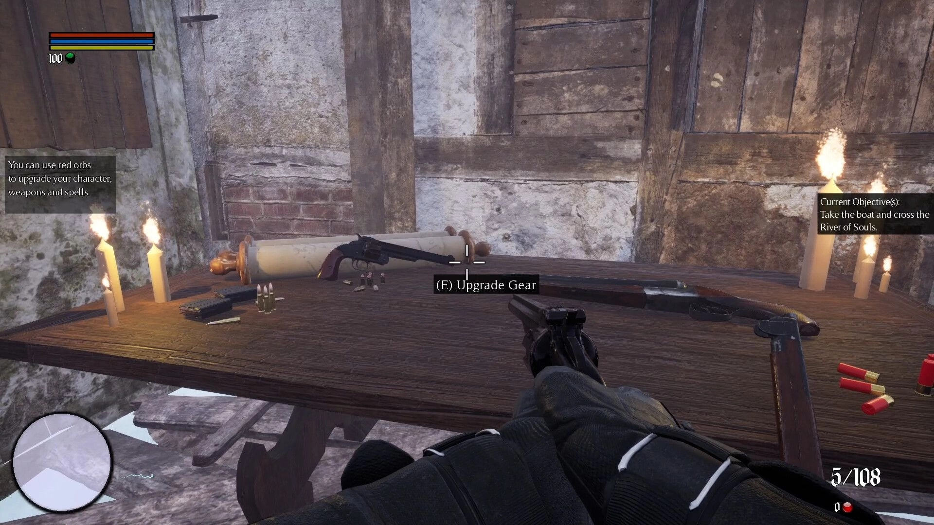 Untold Winter: First-person view upgrading gear on table in candlelit room with objectives displayed