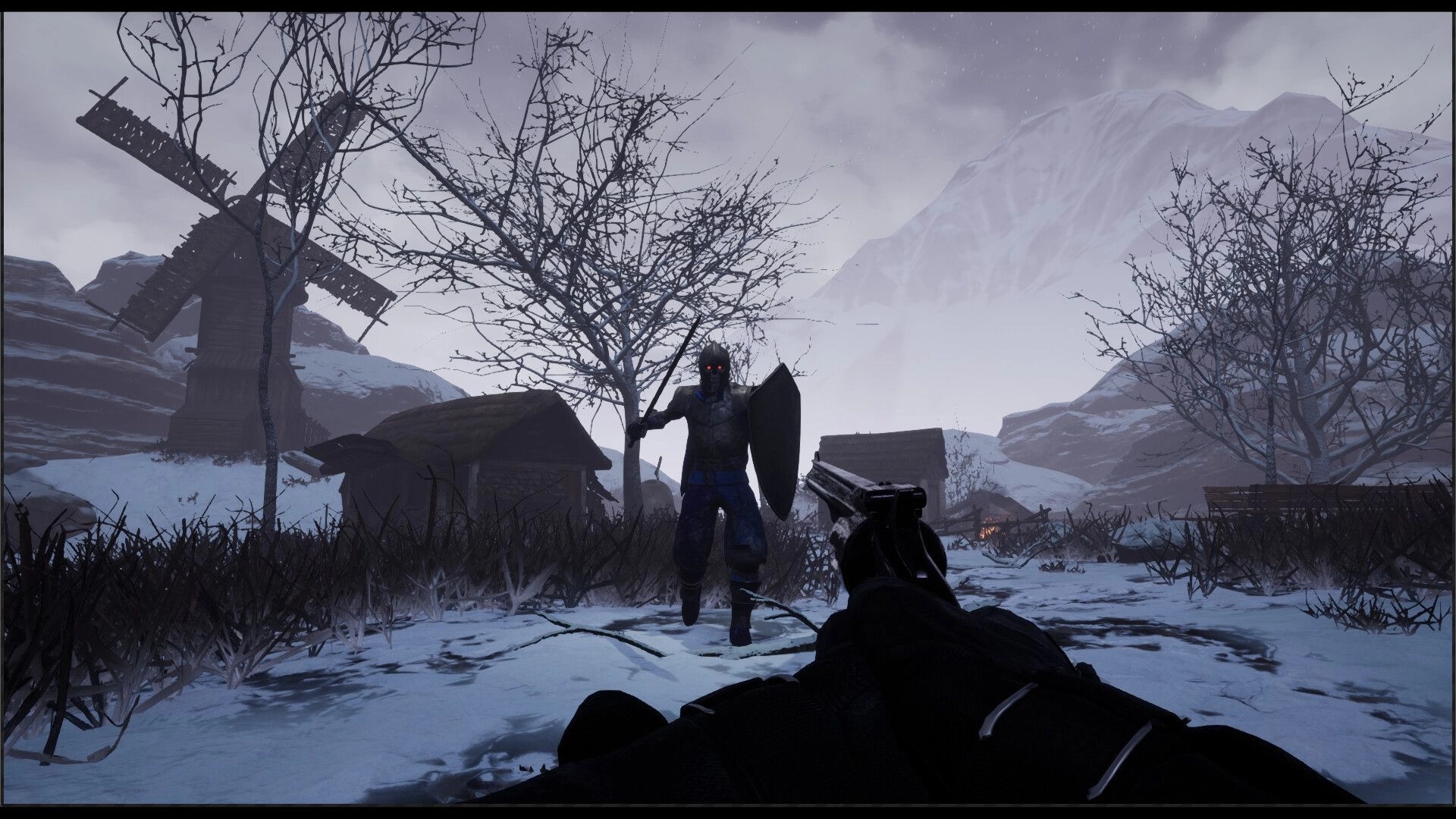 Untold Winter: Player aiming pistol at armored enemy in snowy village with windmill and bare trees