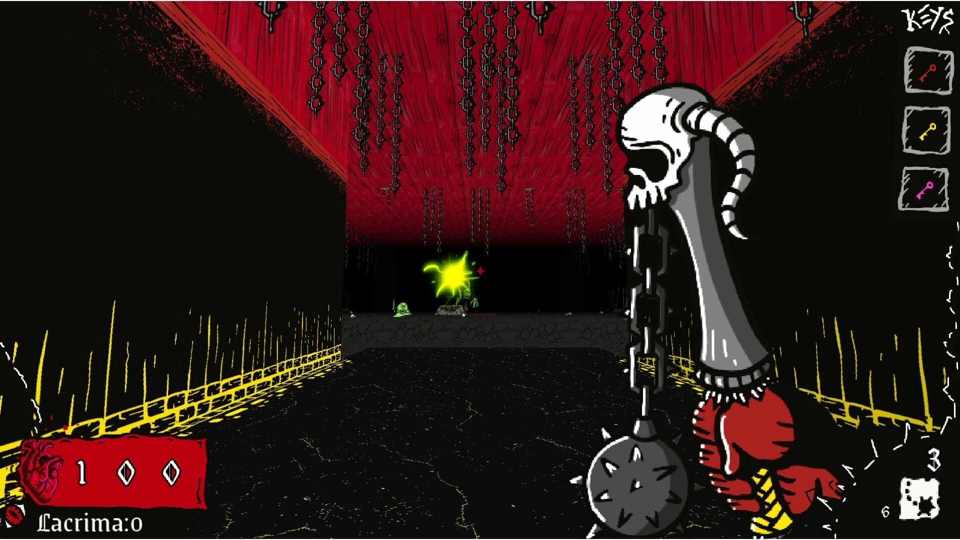 Unwelcome Guests: Skull-headed flail raised as green blast hits foes in red ceiling chain dungeon hall.