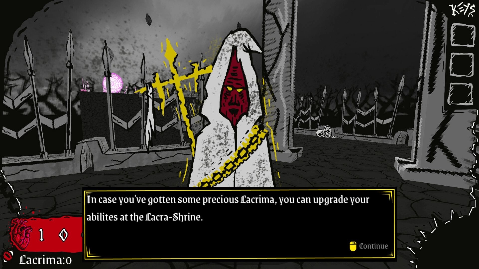 Unwelcome Guests: Hooded red-faced NPC at a shrine, tutorial text box and inventory slots on screen.