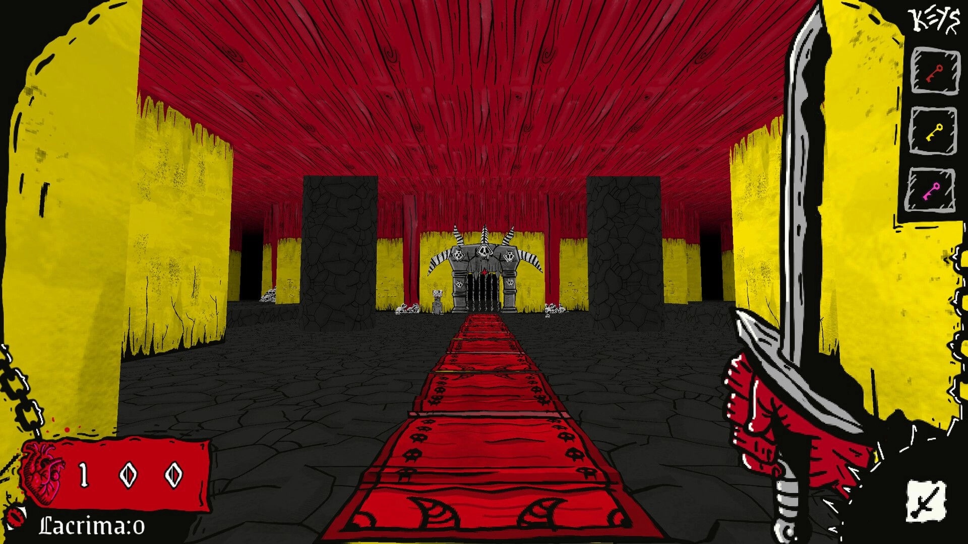 Unwelcome Guests: First-person sword view facing horned gate down a red carpet in a yellow dungeon hall.