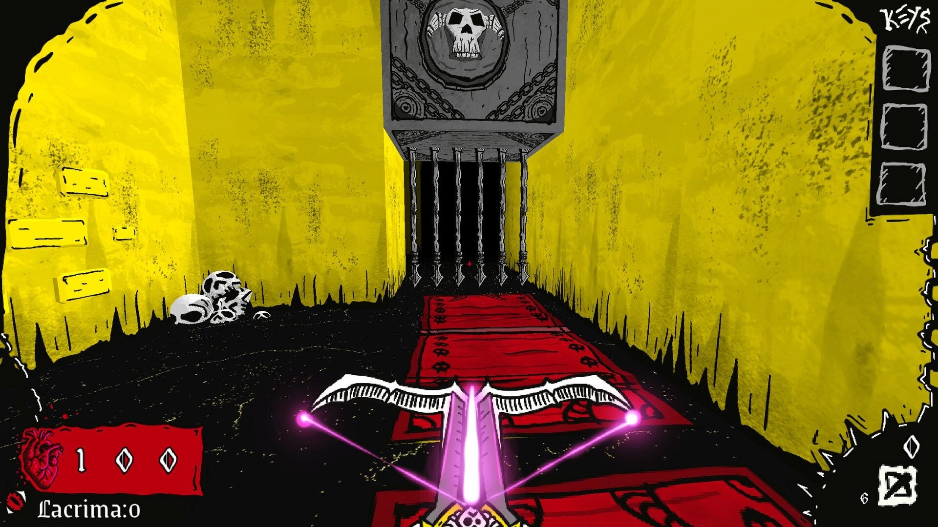Unwelcome Guests: Crossbow aimed at a barred skull door in yellow corridor with red carpet and HUD.