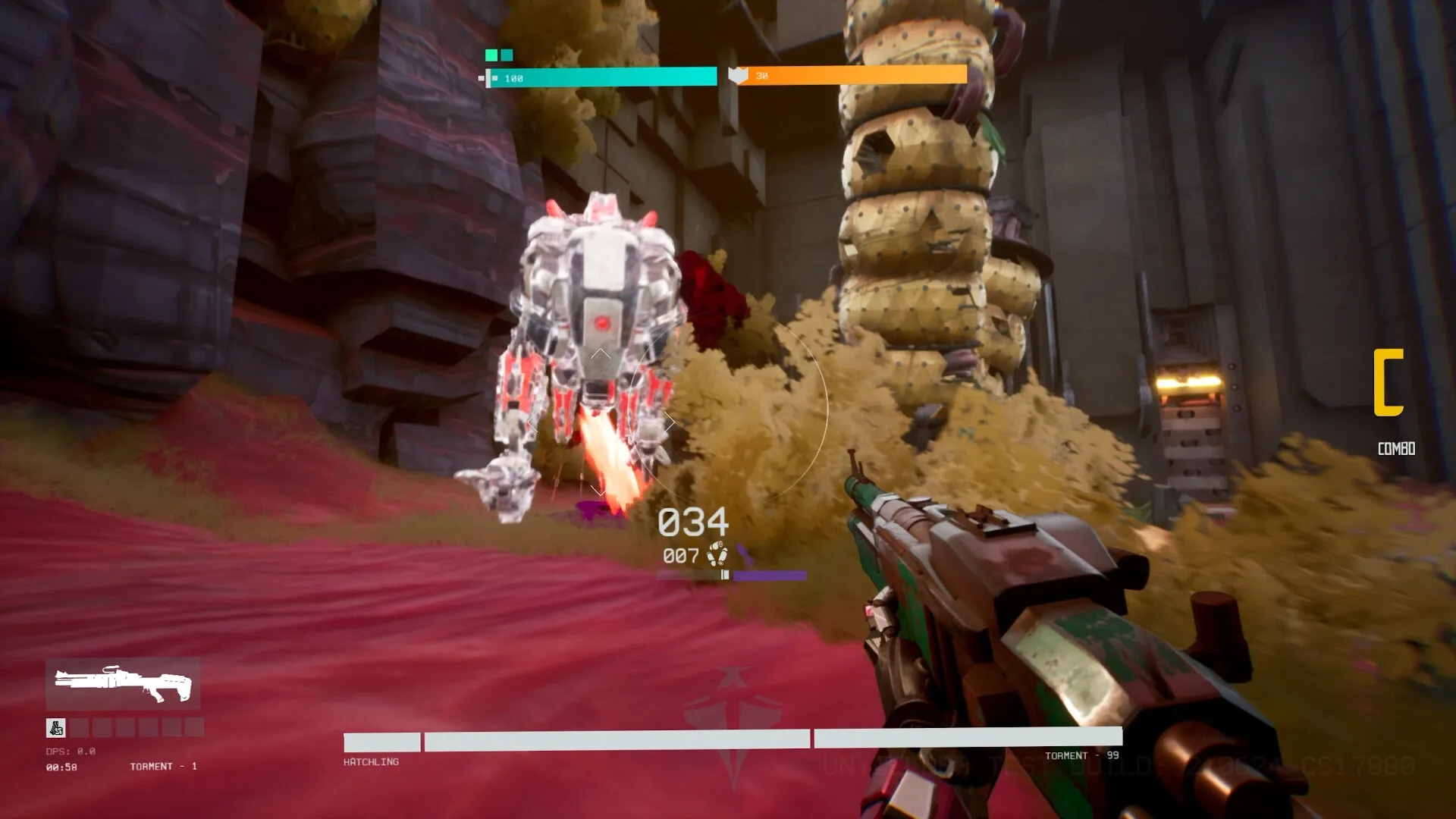 UNYIELDER COMBAT: Player battles robotic enemy in rocky canyon with weapon HUD and combo meter visible