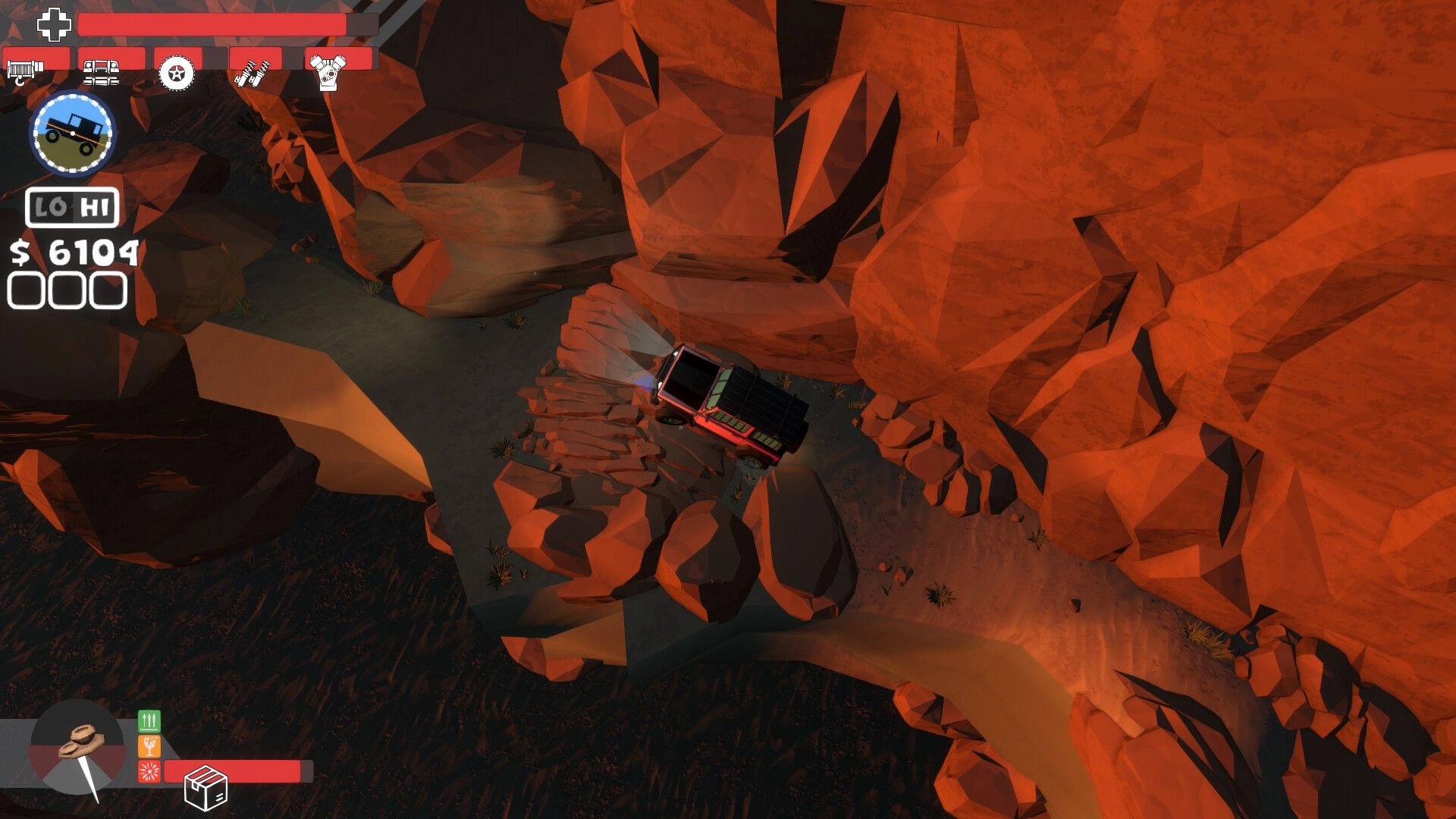 Up'N'Up: Pickup truck wedged in a rocky canyon pass, HUD shows minimap, health bar, and $6104.