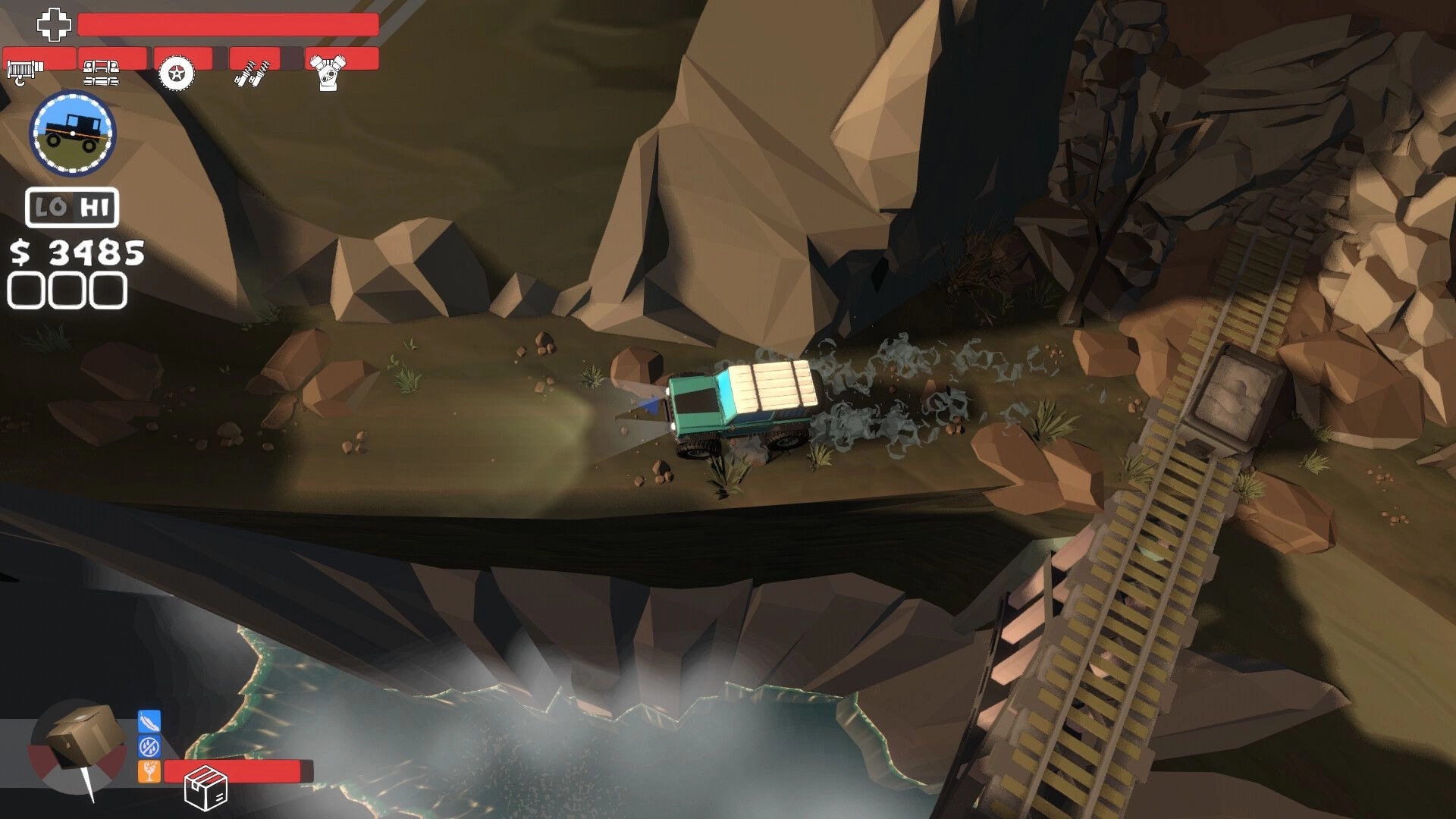 Up'N'Up: Truck powerslides on cliffside dirt road beside mine tracks, UI shows $3485 and map icon.