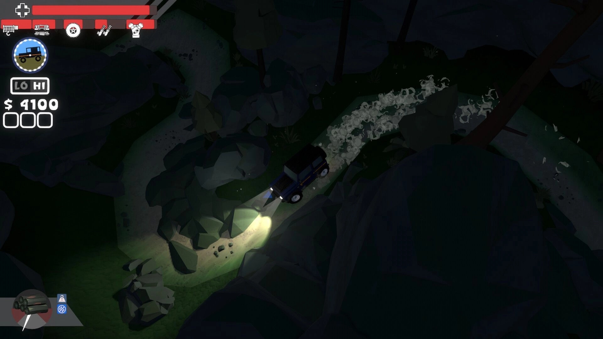 Up'N'Up: Jeep headlights on a rocky cliff trail at night, HUD shows $4100, health and icons.