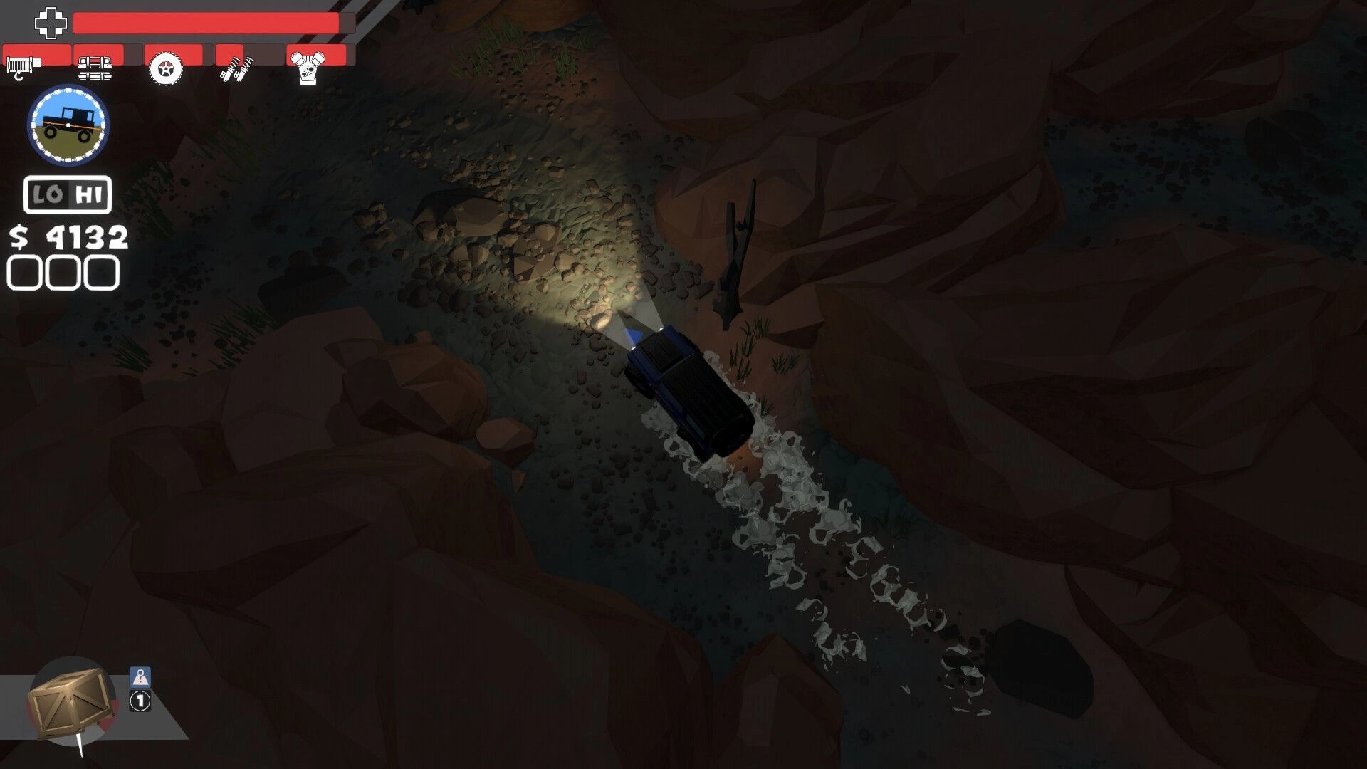 Up'N'Up: Truck drives through a rocky canyon at night, headlights on, with HUD icons and $4132 display.