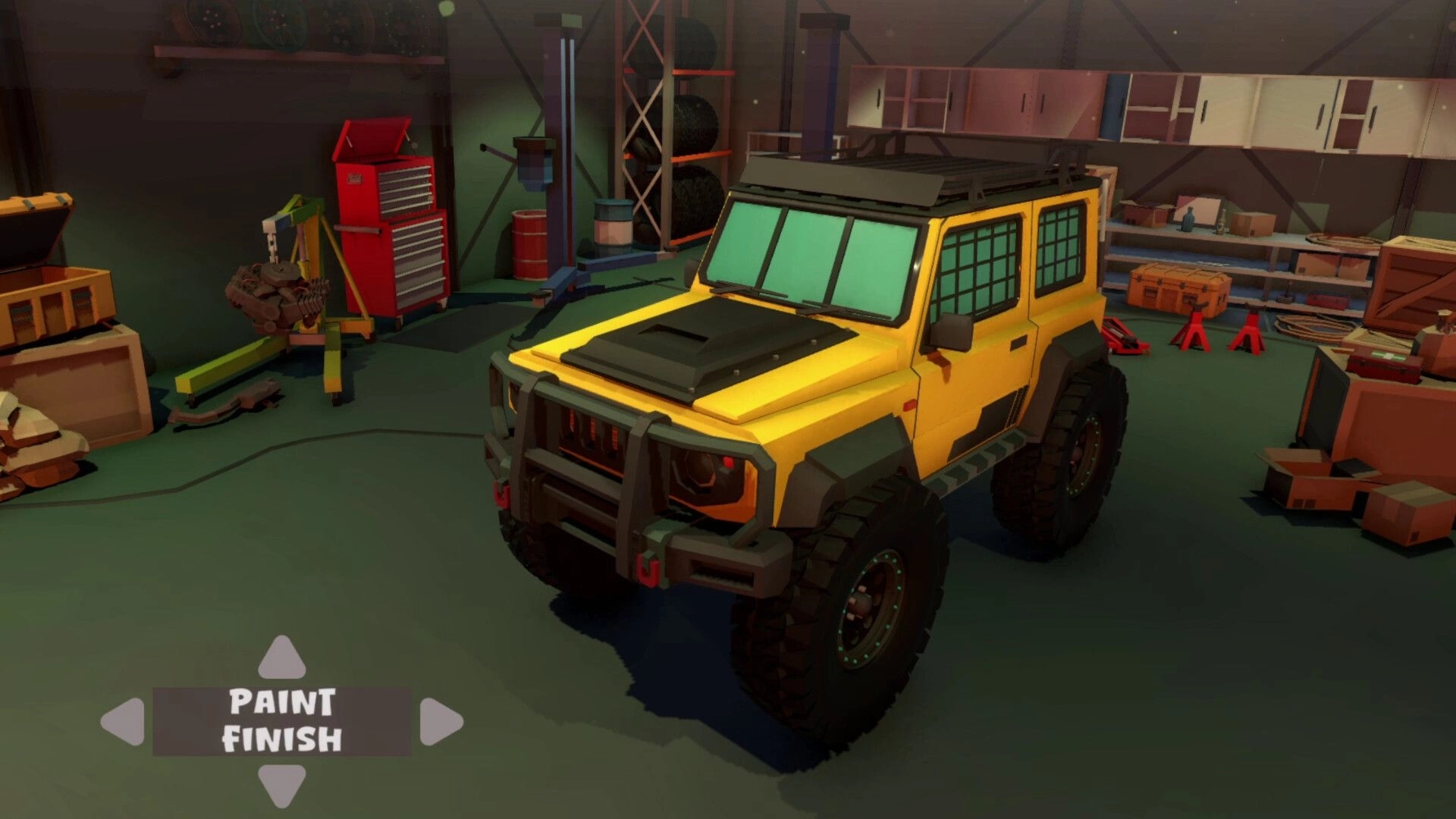 Up'N'Up: Yellow off-road truck in garage customization bay with Paint Finish selector and arrows UI.