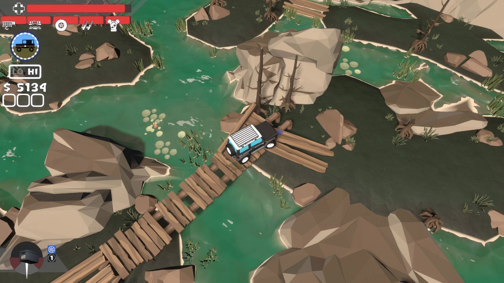 Up'N'Up: Off-road truck crossing a rickety plank bridge over a river with HUD and $5134 counter.