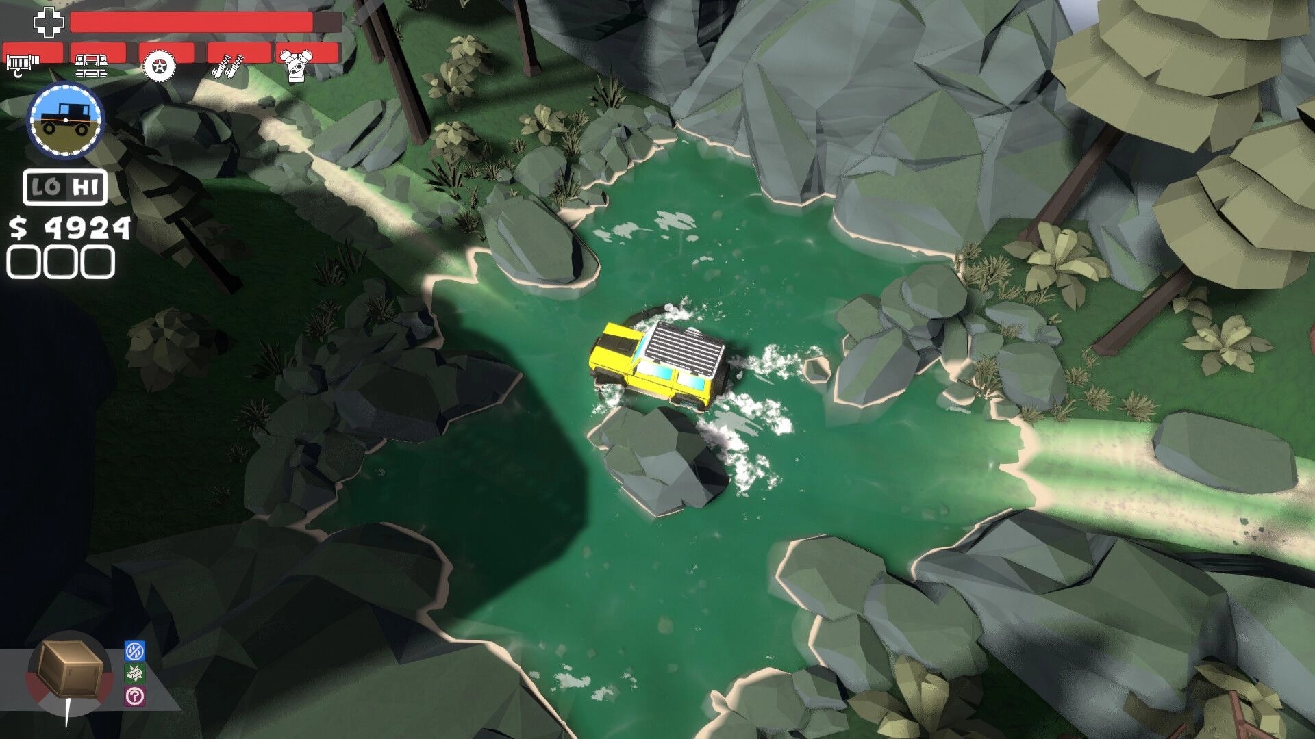 Up'N'Up: Yellow off-road truck splashing through a rocky river canyon with health bar and cash UI.