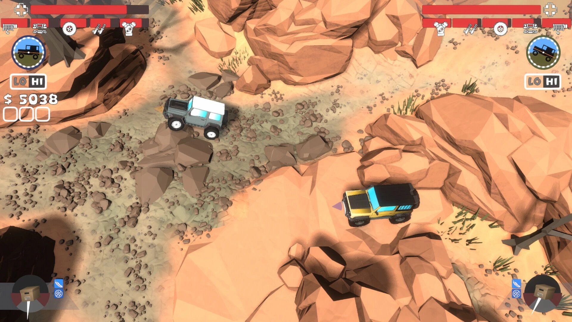 Up'N'Up: Two off-road SUVs navigate a rocky desert canyon trail with split-screen health and cash UI.
