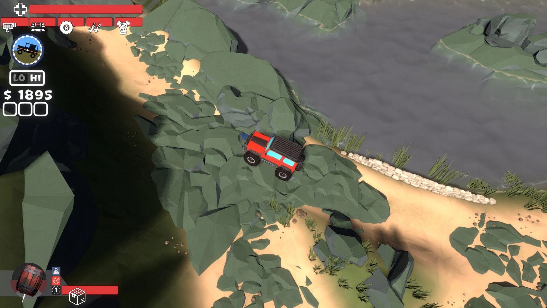 Up'N'Up: Red off-road truck perched on jagged rocks by a riverbank, HUD shows $1895 and icons.