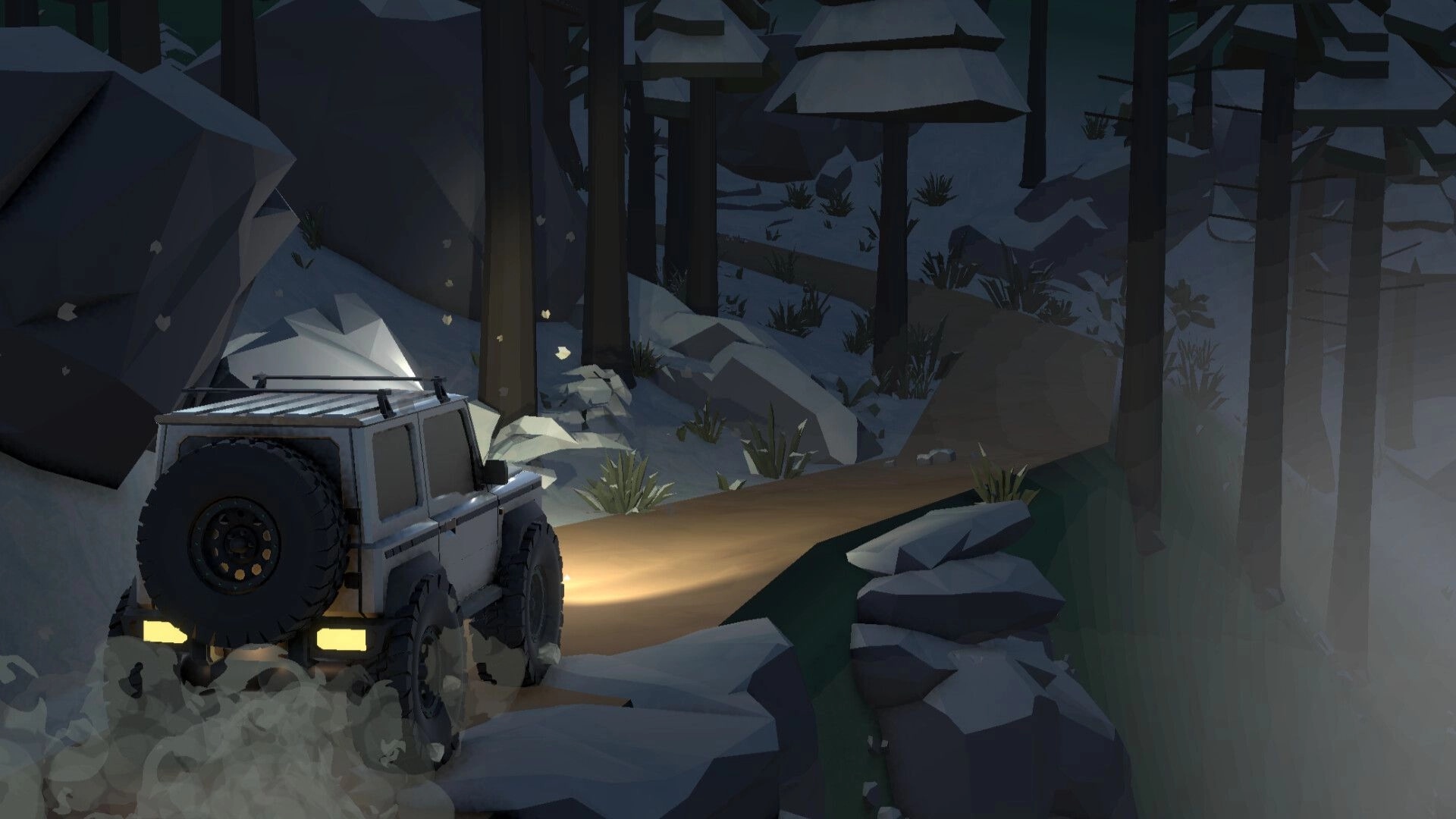 Up'N'Up: Off-road truck driving a muddy trail through snowy pine forest with rocks and cliffs at dusk.