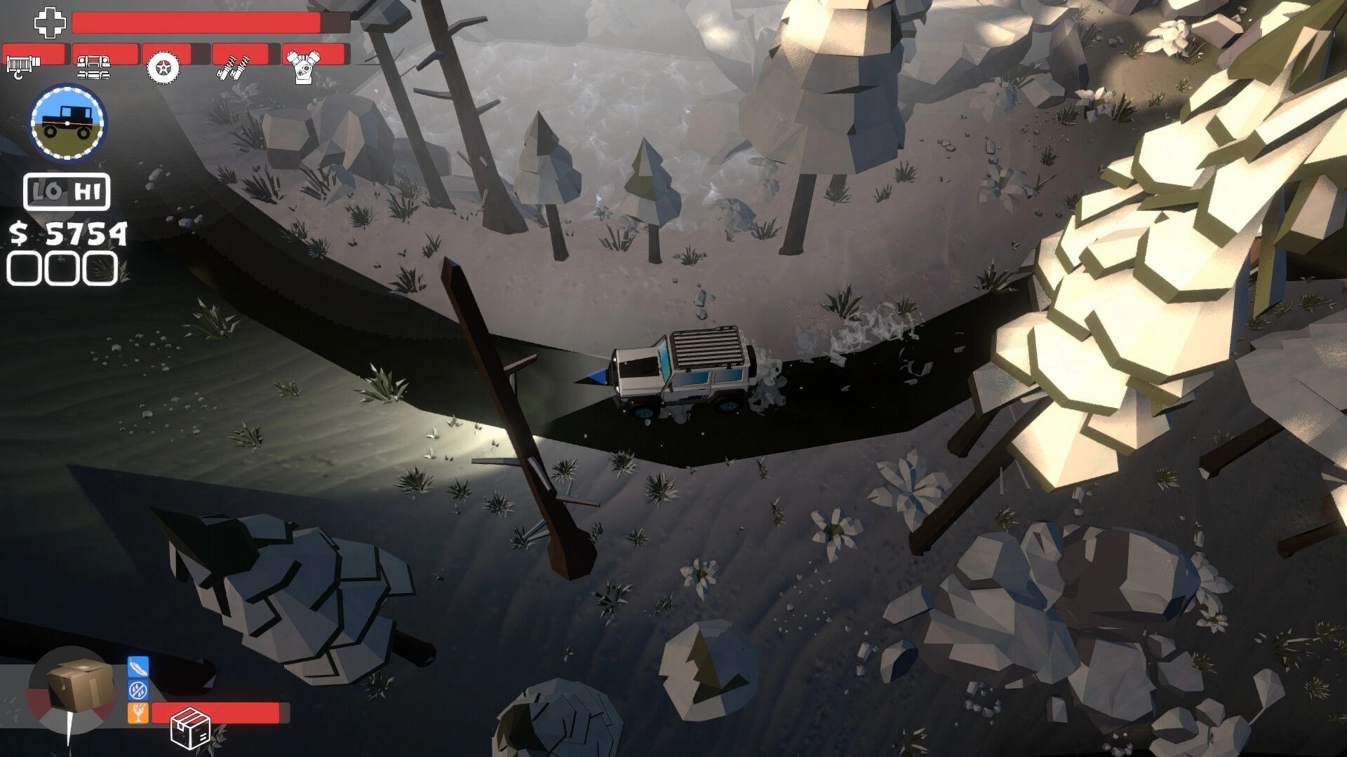 Up'N'Up: Off-road SUV driving along a dark river crossing in snowy forest, HUD shows $5754 and status bars.