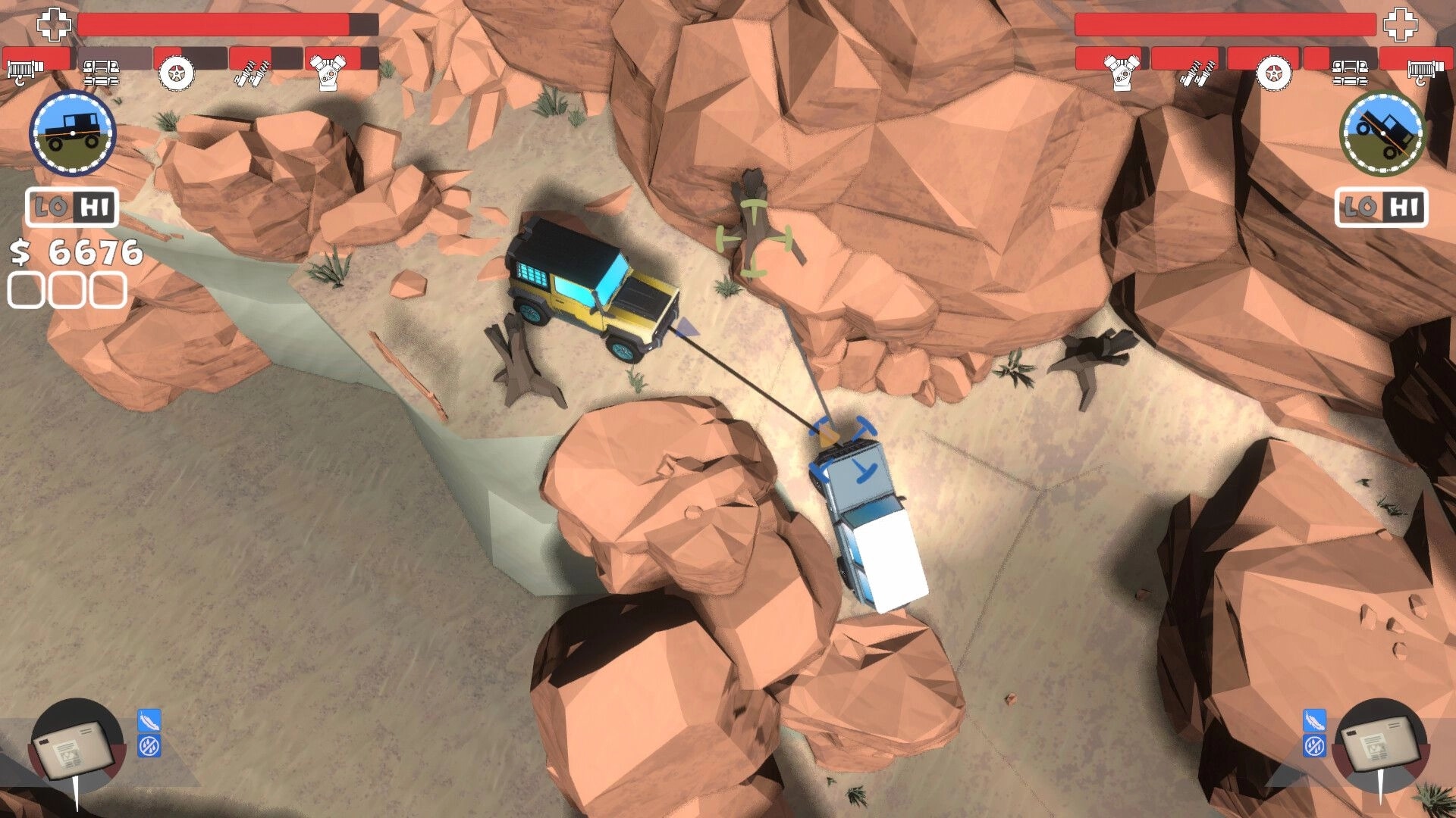 Up'N'Up: Two off-road trucks linked by a tow line navigating a tight rocky canyon trail with UI bars.