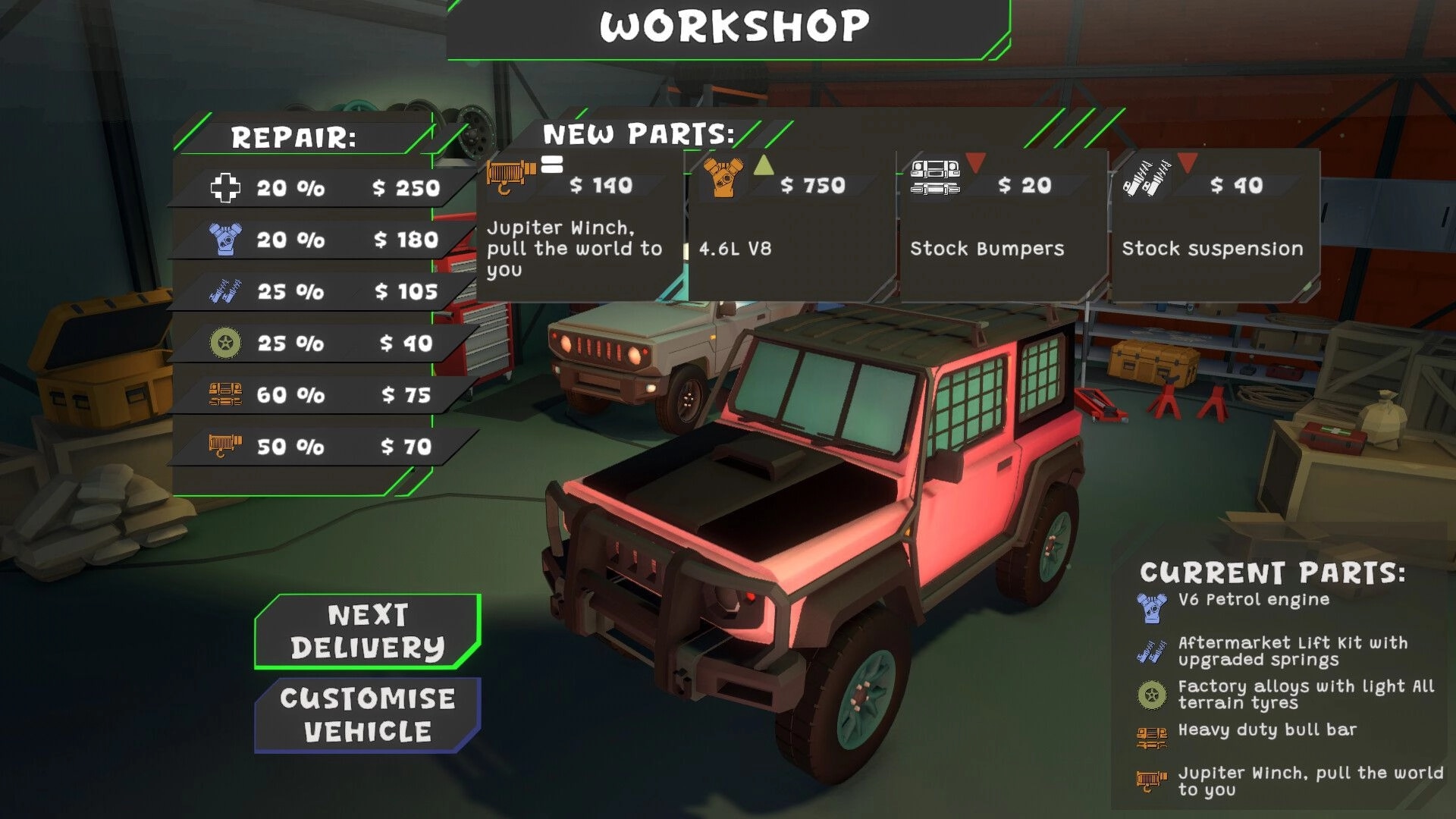 Up'N'Up: Workshop upgrade menu over a red off-road truck with repair list, parts for sale, and buttons.