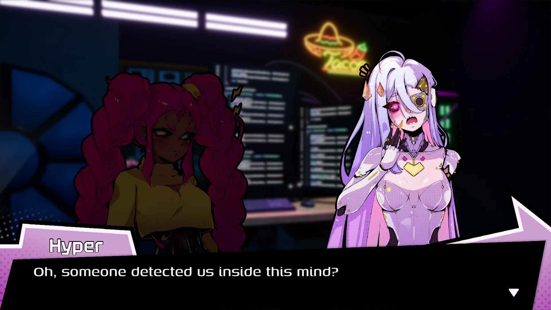 Uppercute: Hyper and companion in a neon-lit room with dialogue on screen, futuristic tech in background