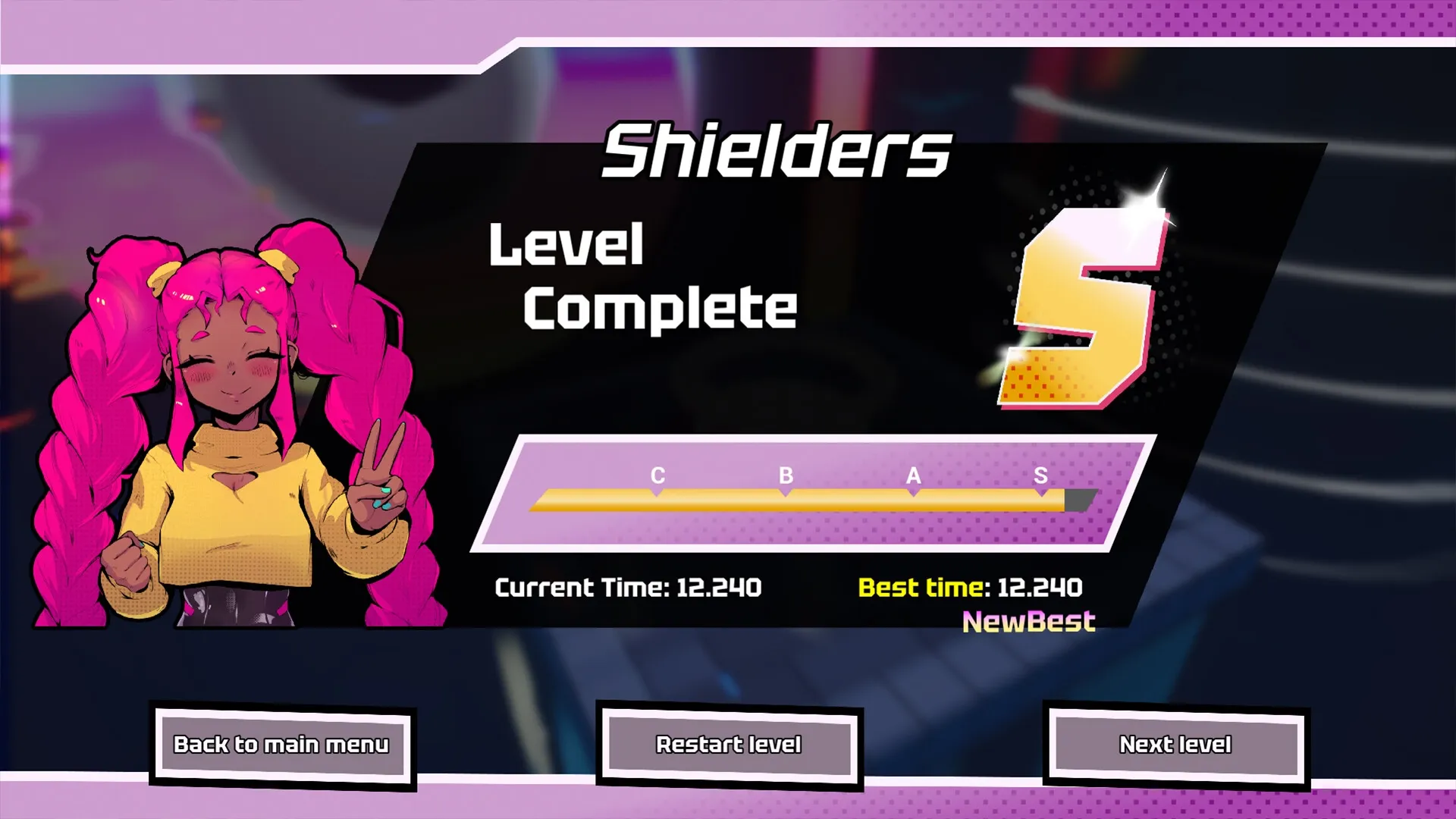 Uppercute: Level complete screen with character celebrating and high score displayed in colorful UI