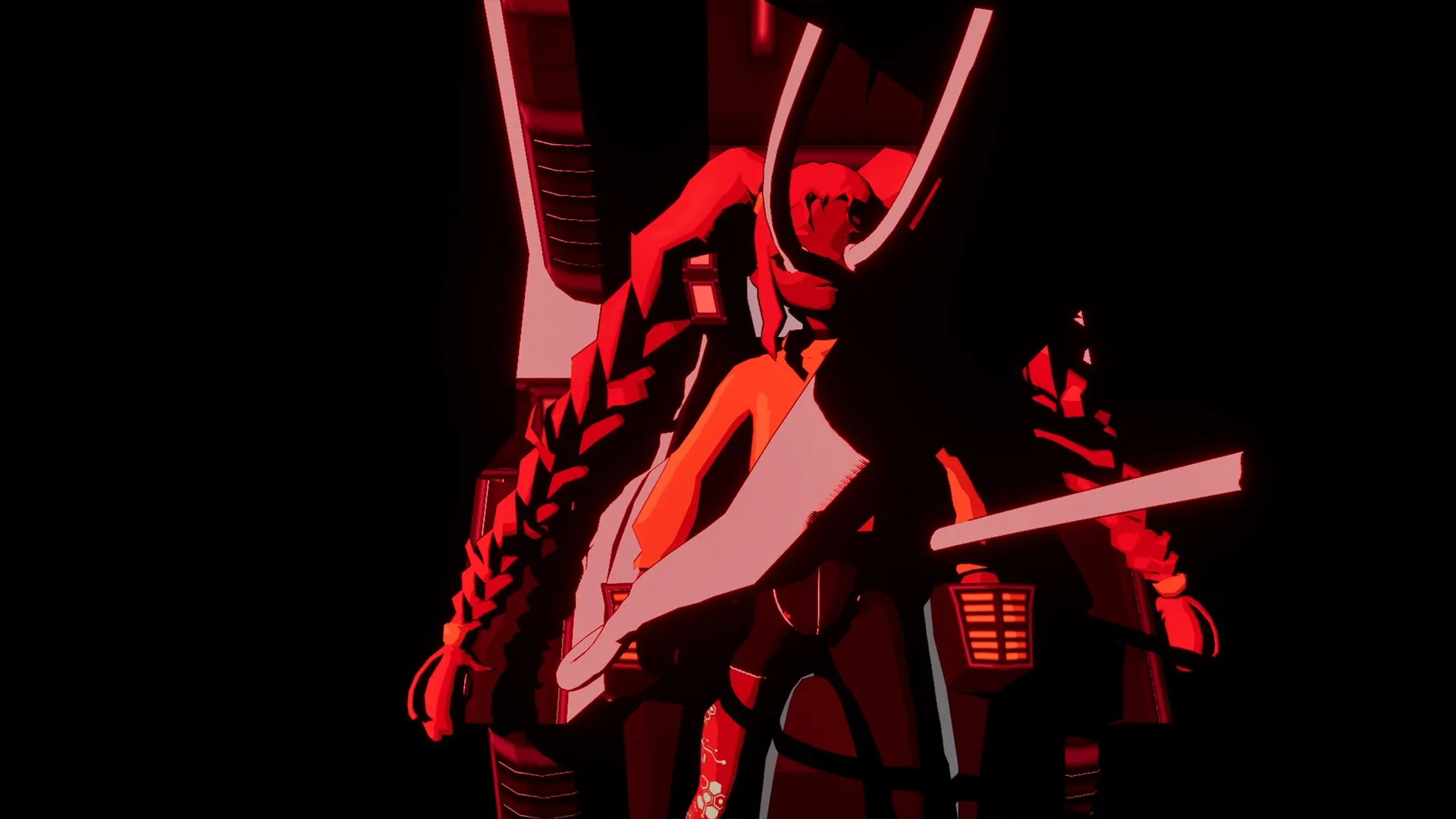 Uppercute: Character in a red futuristic suit stands in a dark, enigmatic environment with glowing accents