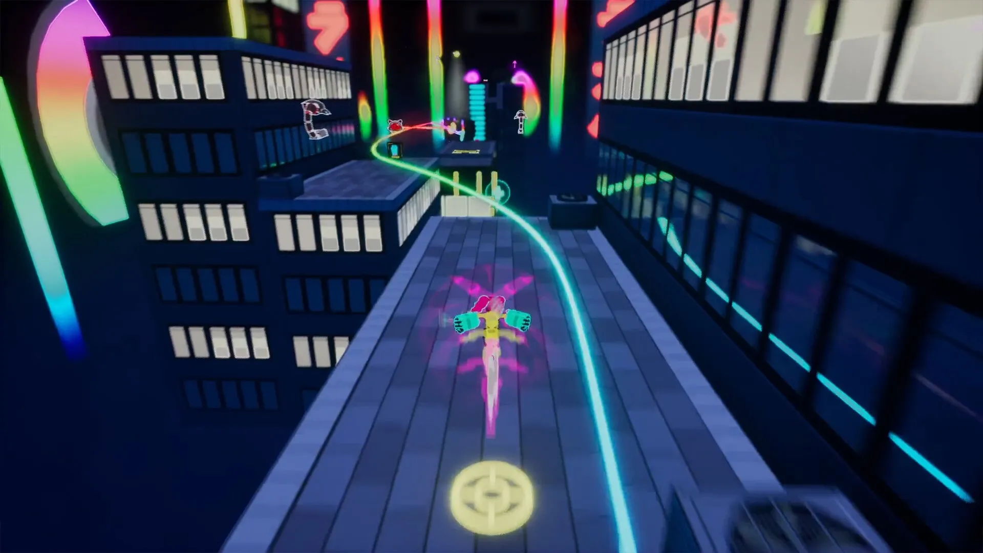 Uppercute: Character sprints along neon-lit rooftops in a futuristic cityscape at night.