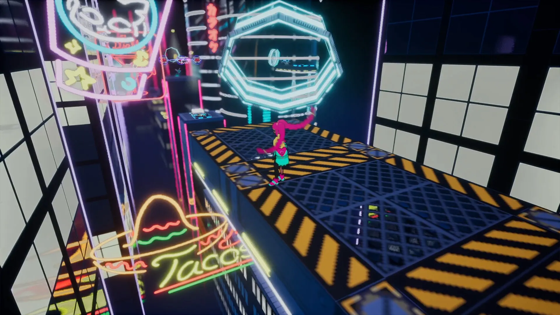 Uppercute: Character running on neon-lit platform in vibrant cityscape with glowing signs and symbols
