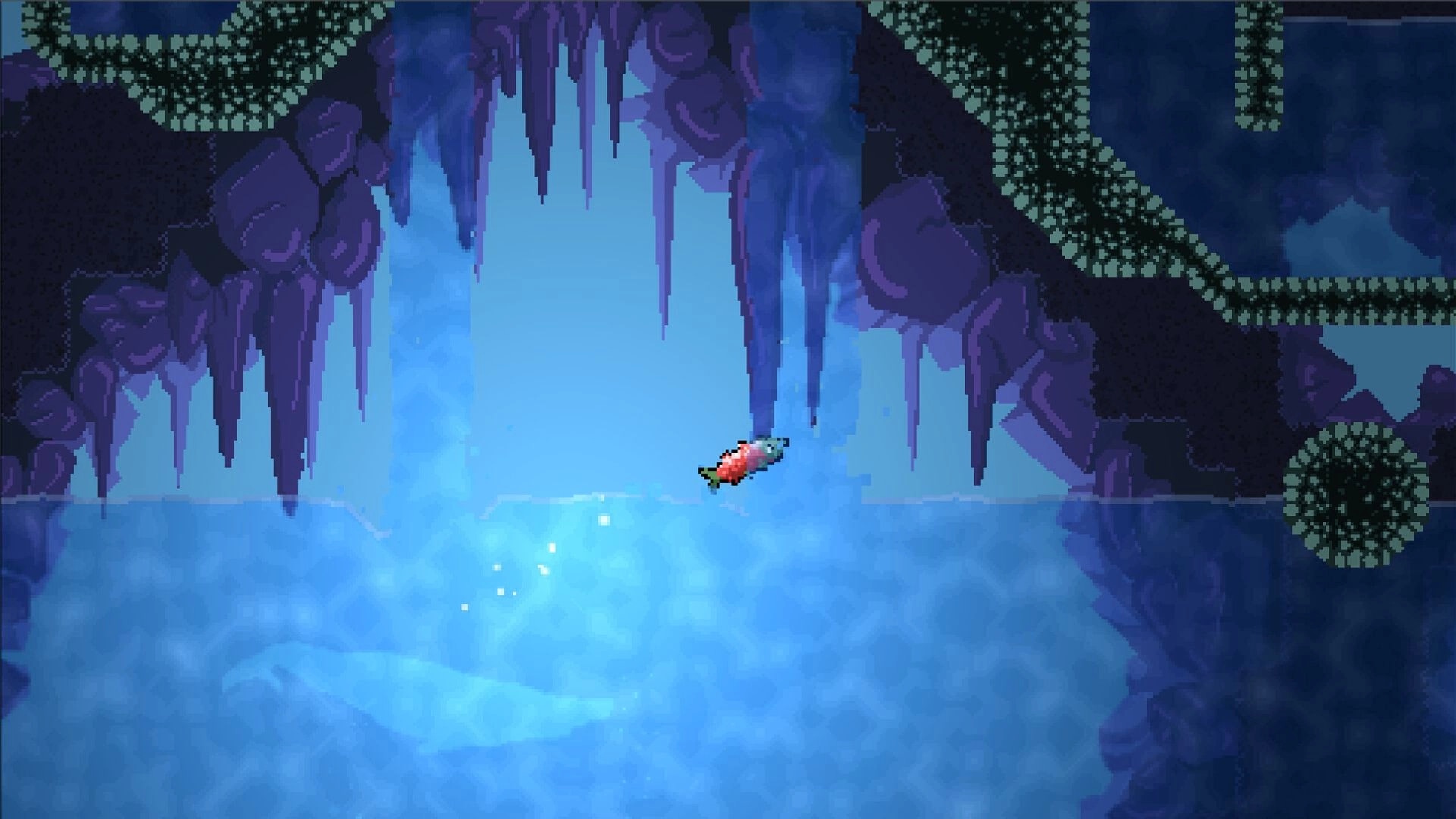 Upstream: Salmon swimming through a vibrant, cavernous underwater cave with jagged purple rocks