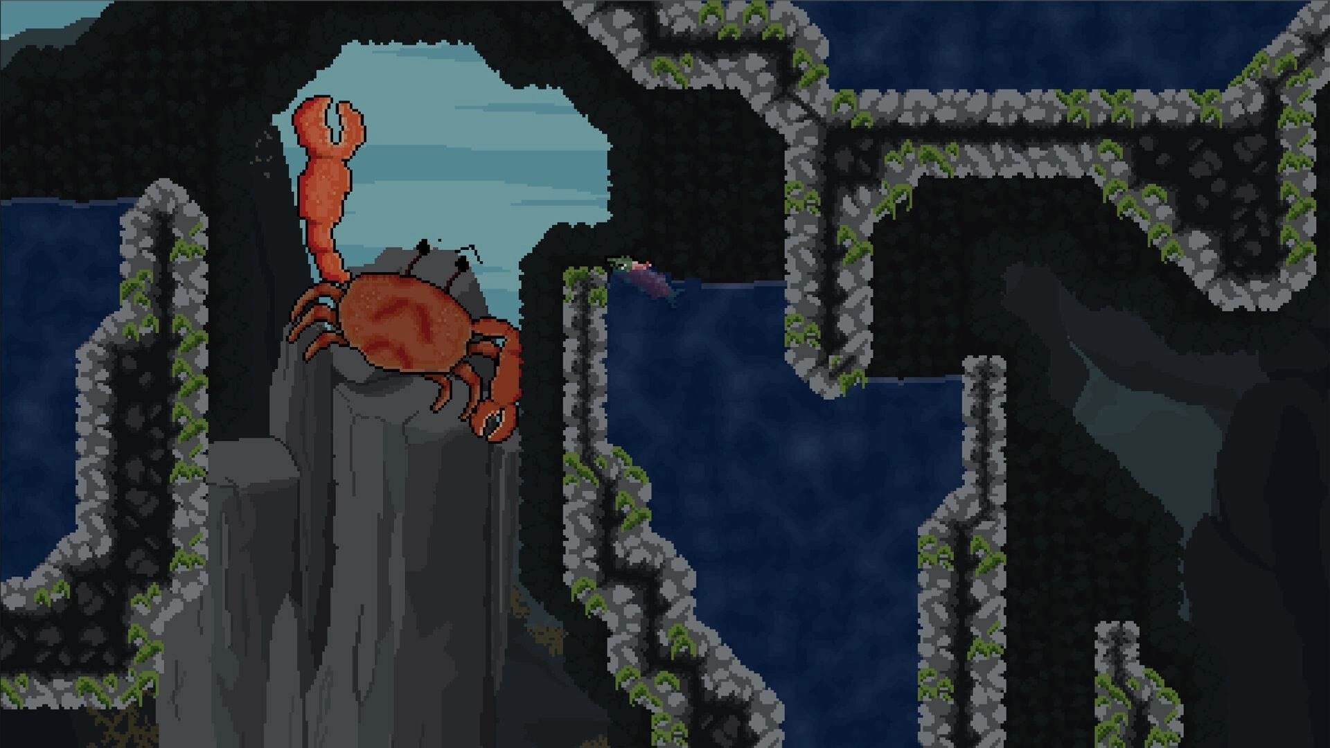 Upstream: Salmon swimming past giant crab in rocky cavern environment with narrow water path